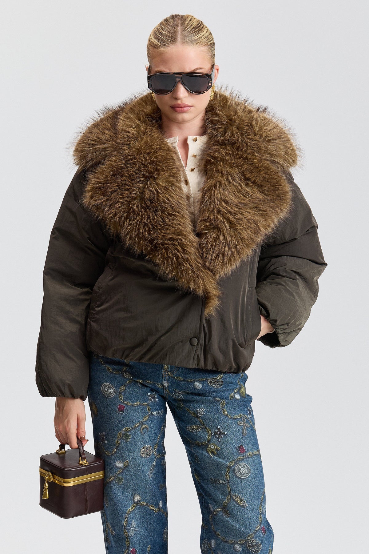 Brown womens puffer jacket with balloon sleeves. Shop designer faux fur jackets by Avec Les Filles.