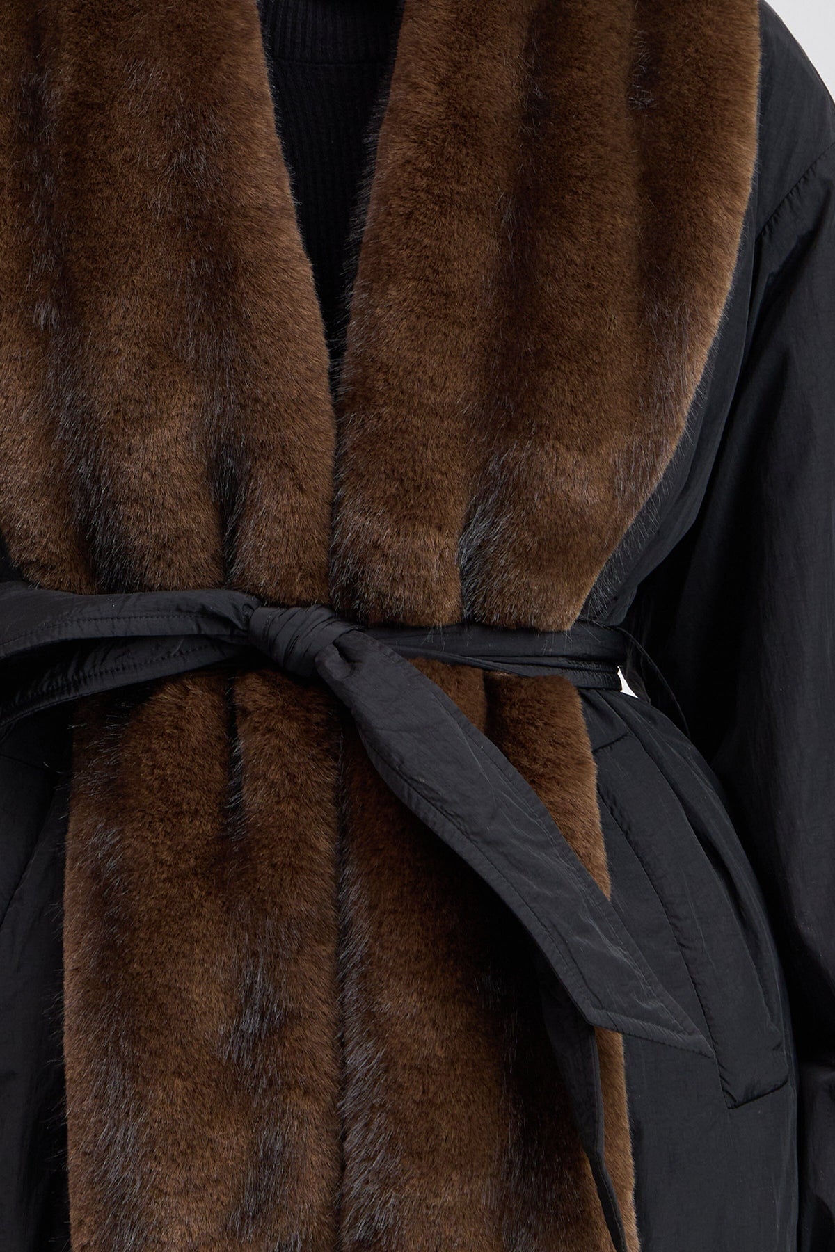 Nylon black faux fur coat with a removable belt - Shop women's parka jackets and coats by Avec Les Filles.