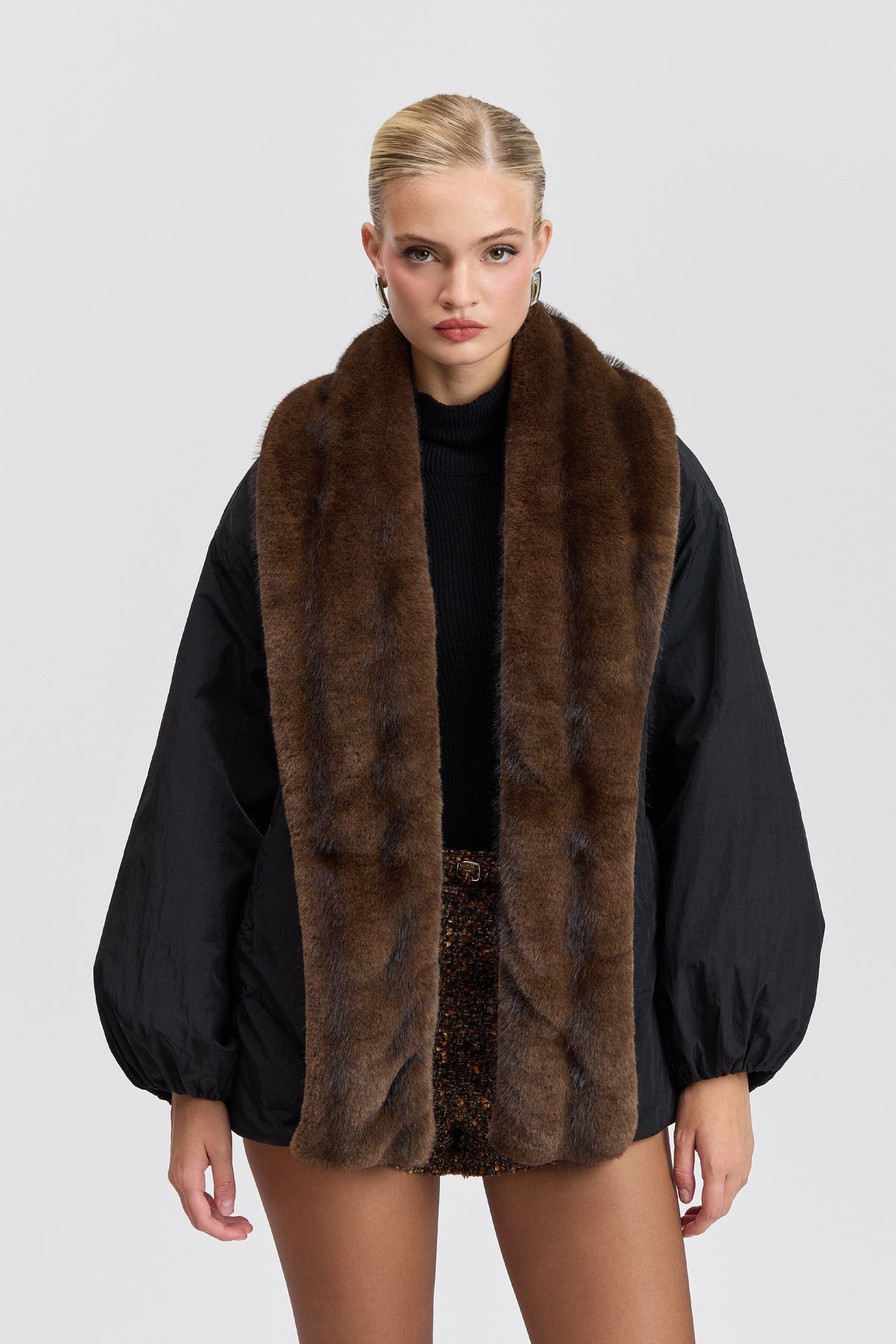Nylon black faux fur jacket with balloon sleeves - Shop designer women's parka jackets and coats by Avec Les Filles.