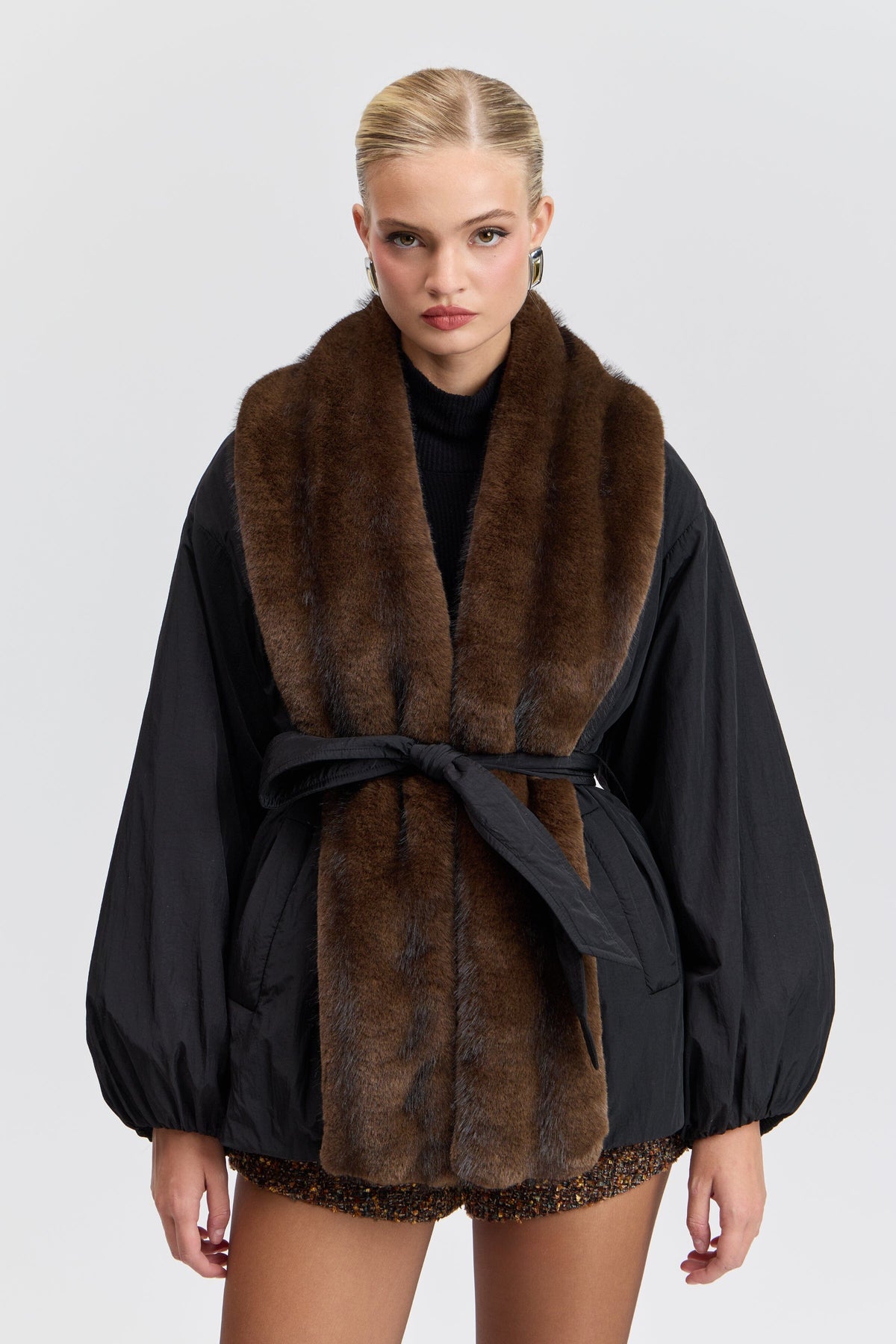 Black faux mink jacket with a removable belt and balloon sleeves - Shop parka jackets and coats by Avec Les Filles.