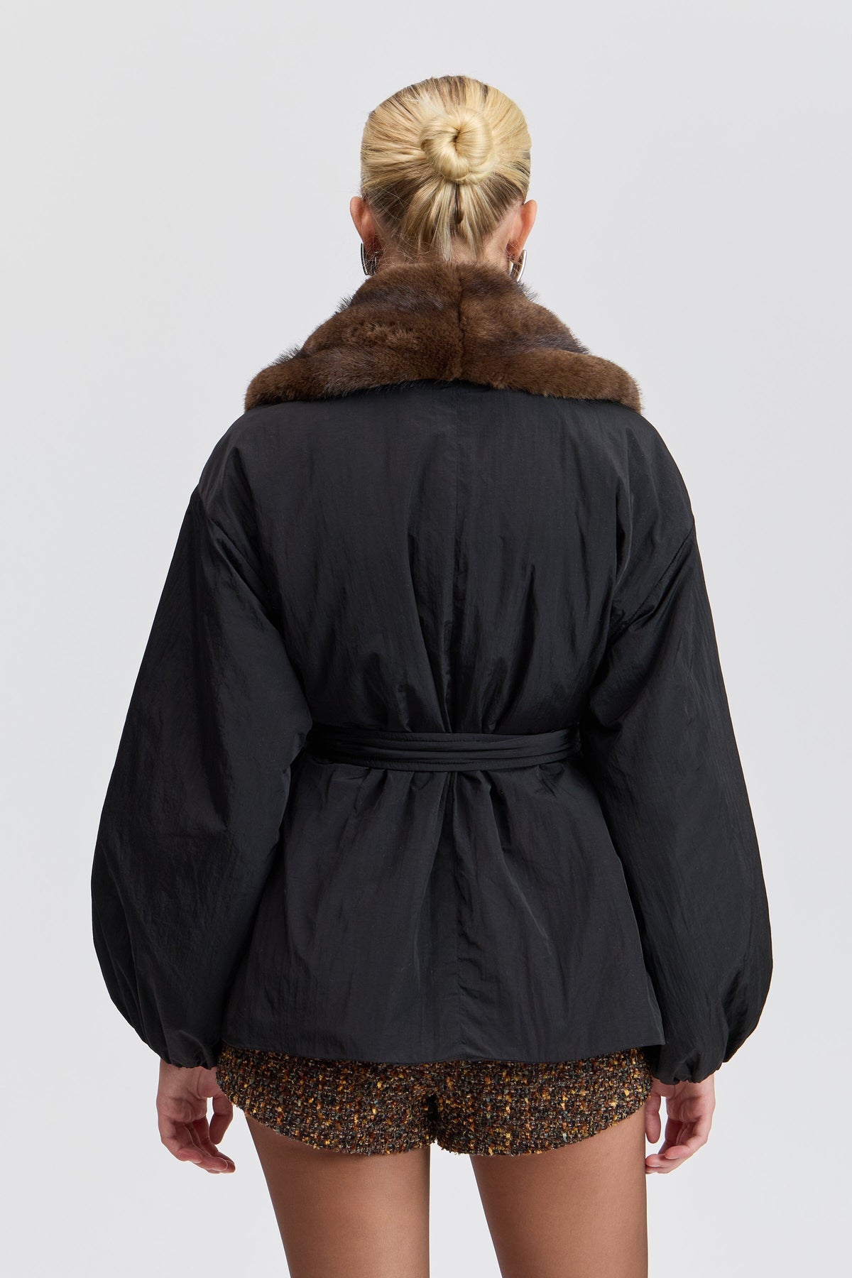 Nylon black fur jacket with balloon sleeves - Shop designer women's parka jackets and coats by Avec Les Filles.