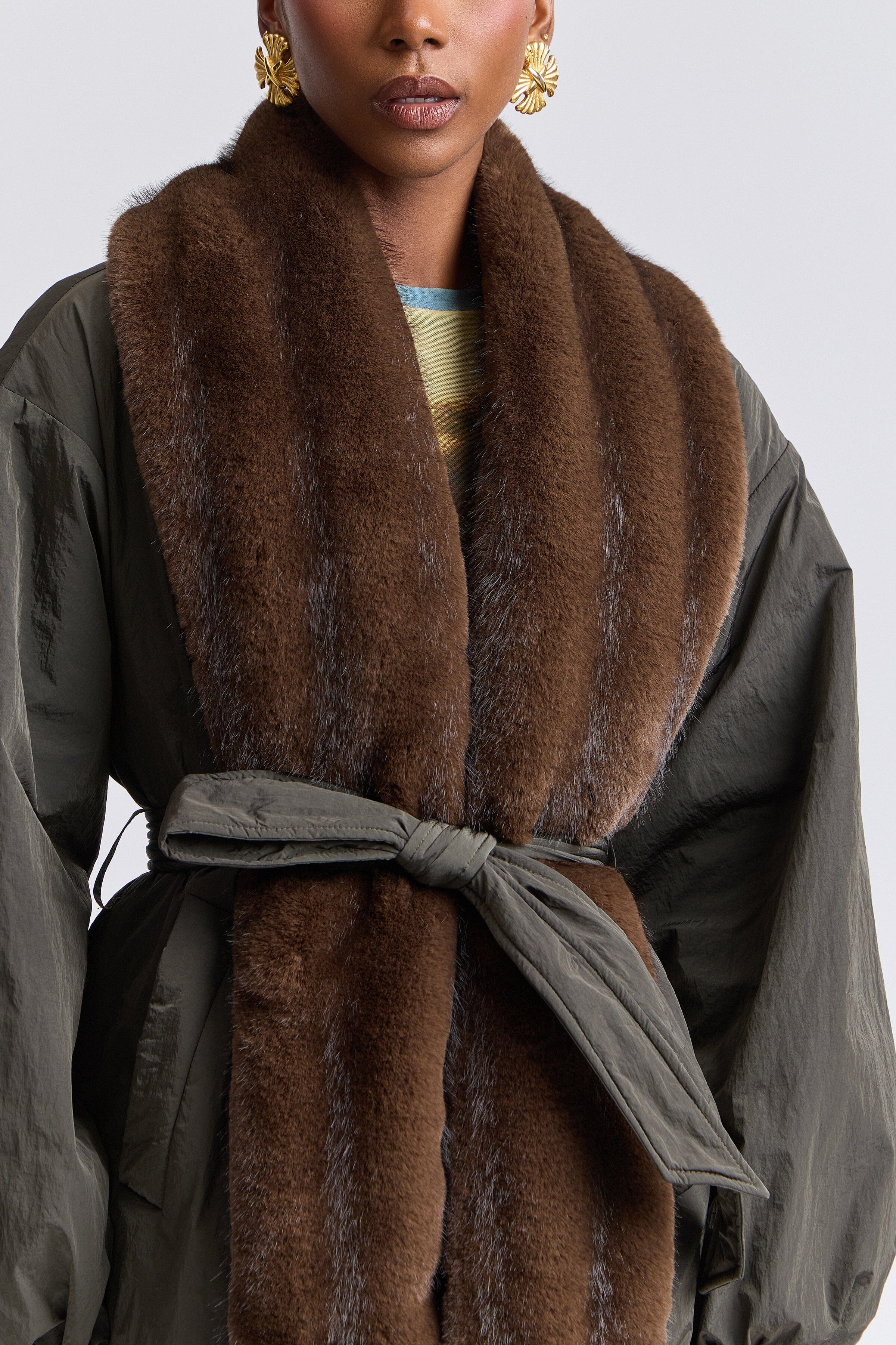 Brown faux fur parka jacket with long balloon sleeves and a removable belt - Shop cute parka jackets by Avec Les Filles