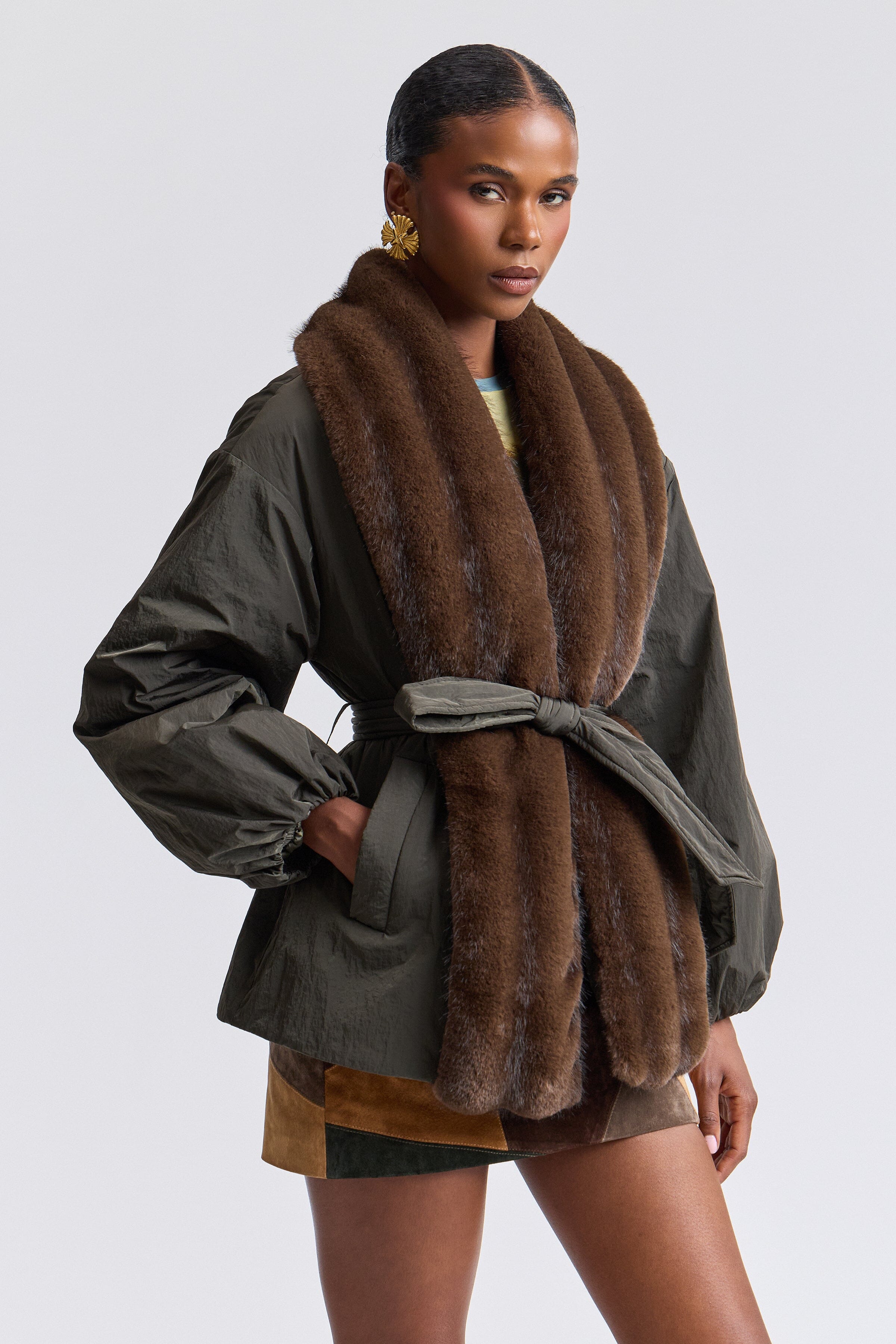 Nylon brown fur trim parka jacket with long balloon sleeves and removable belt - Shop cute parka jackets by Avec Les Filles