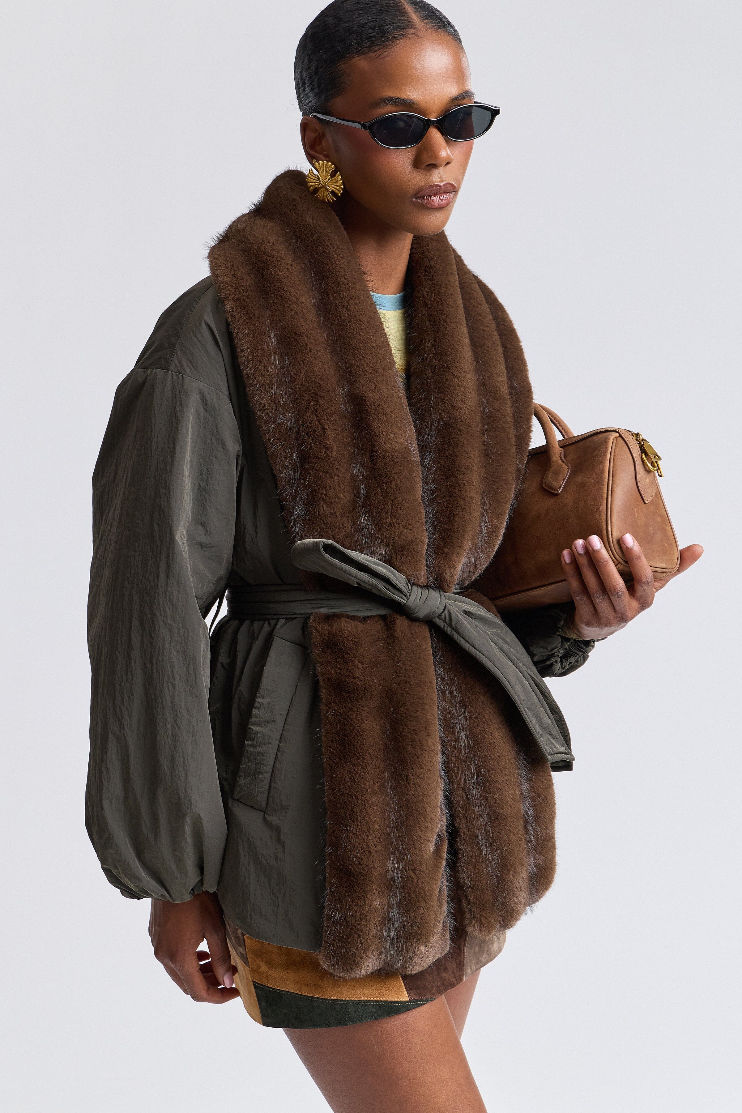 Parka faux brown fur jacket with long balloon sleeves and removable belt - Shop cute parka jackets by Avec Les Filles