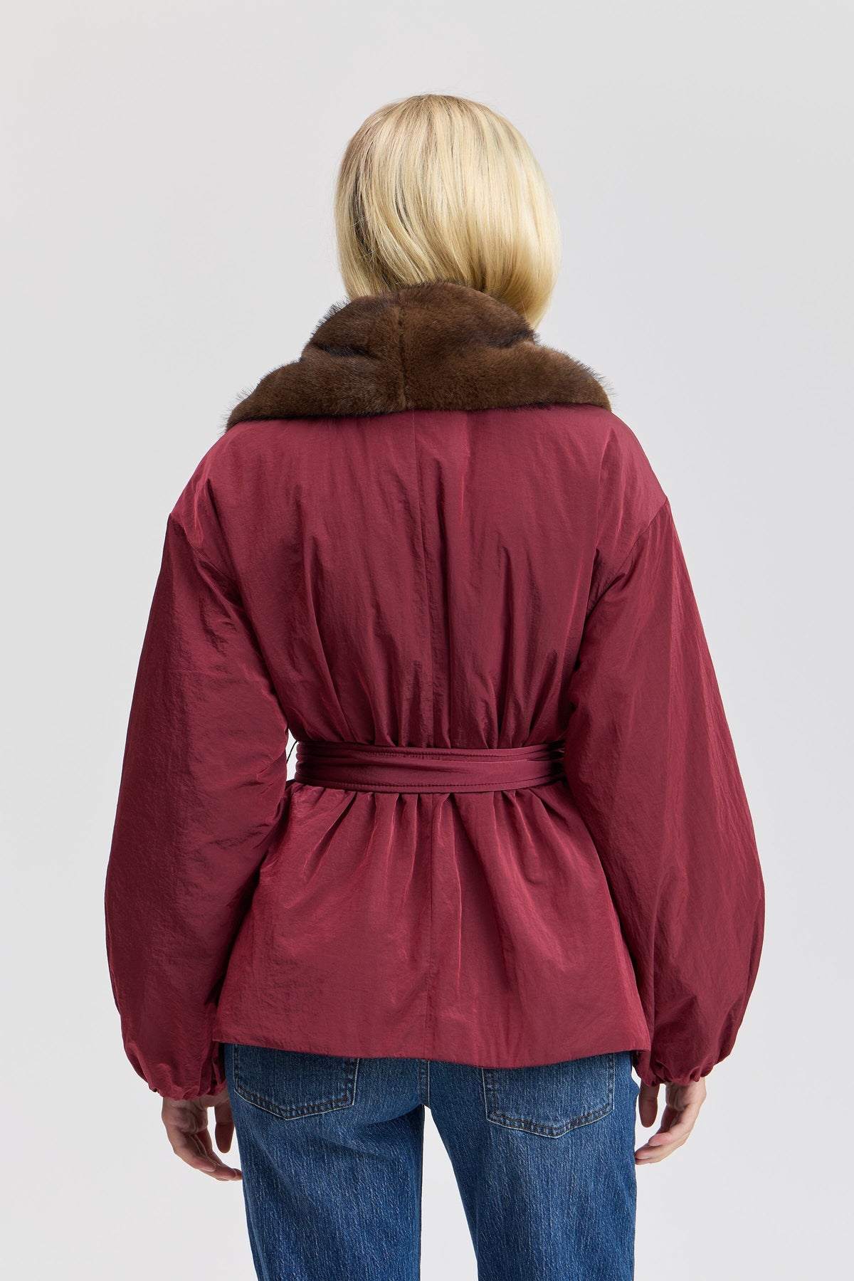 Nylon  faux fur coat with a removable belt and balloon sleeves - Shop women's cute red parka jackets by Avec Les Filles.