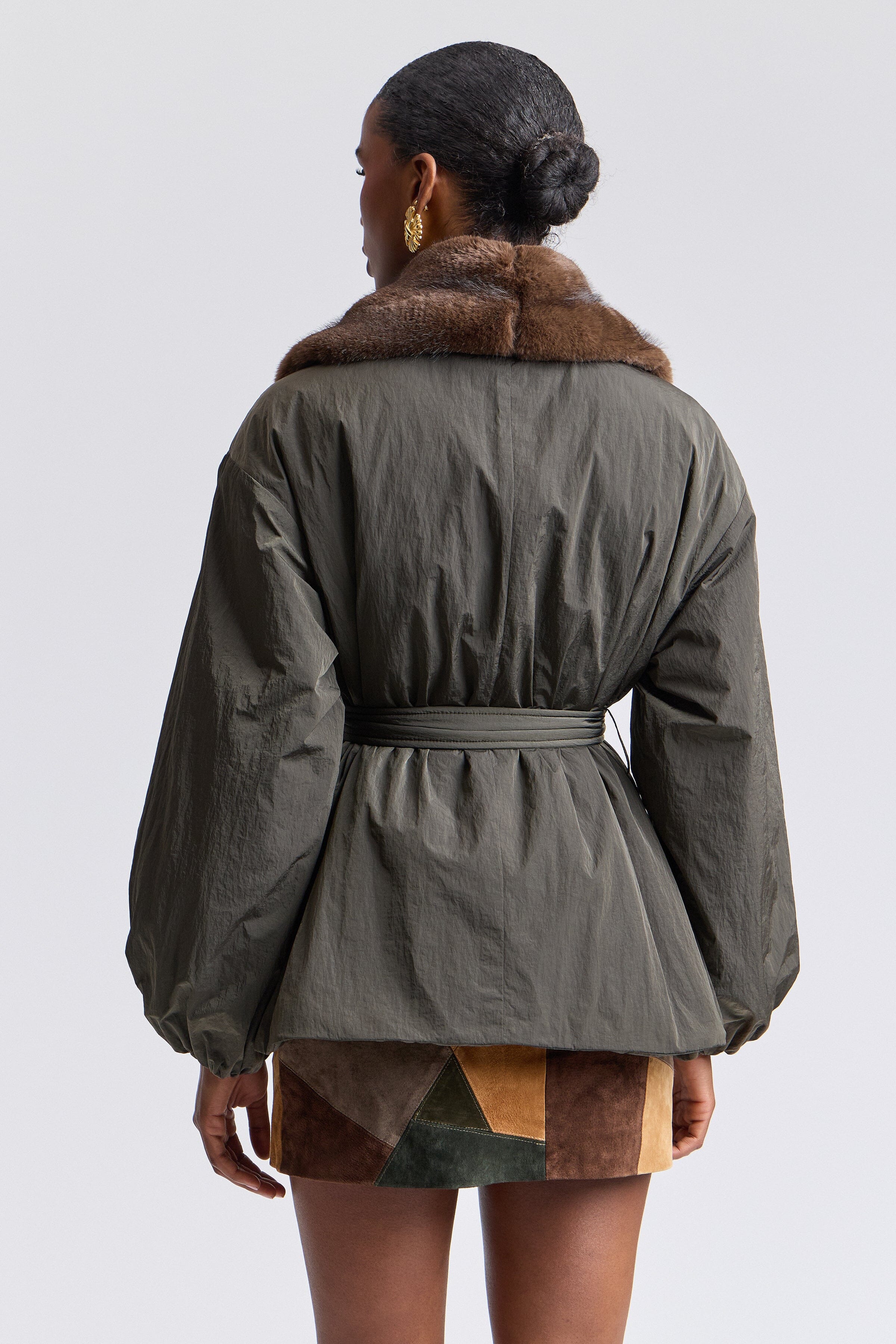 Nylon brown parka faux fur jacket with long balloon sleeves and a removable belt - Shop parka jackets by Avec Les Filles