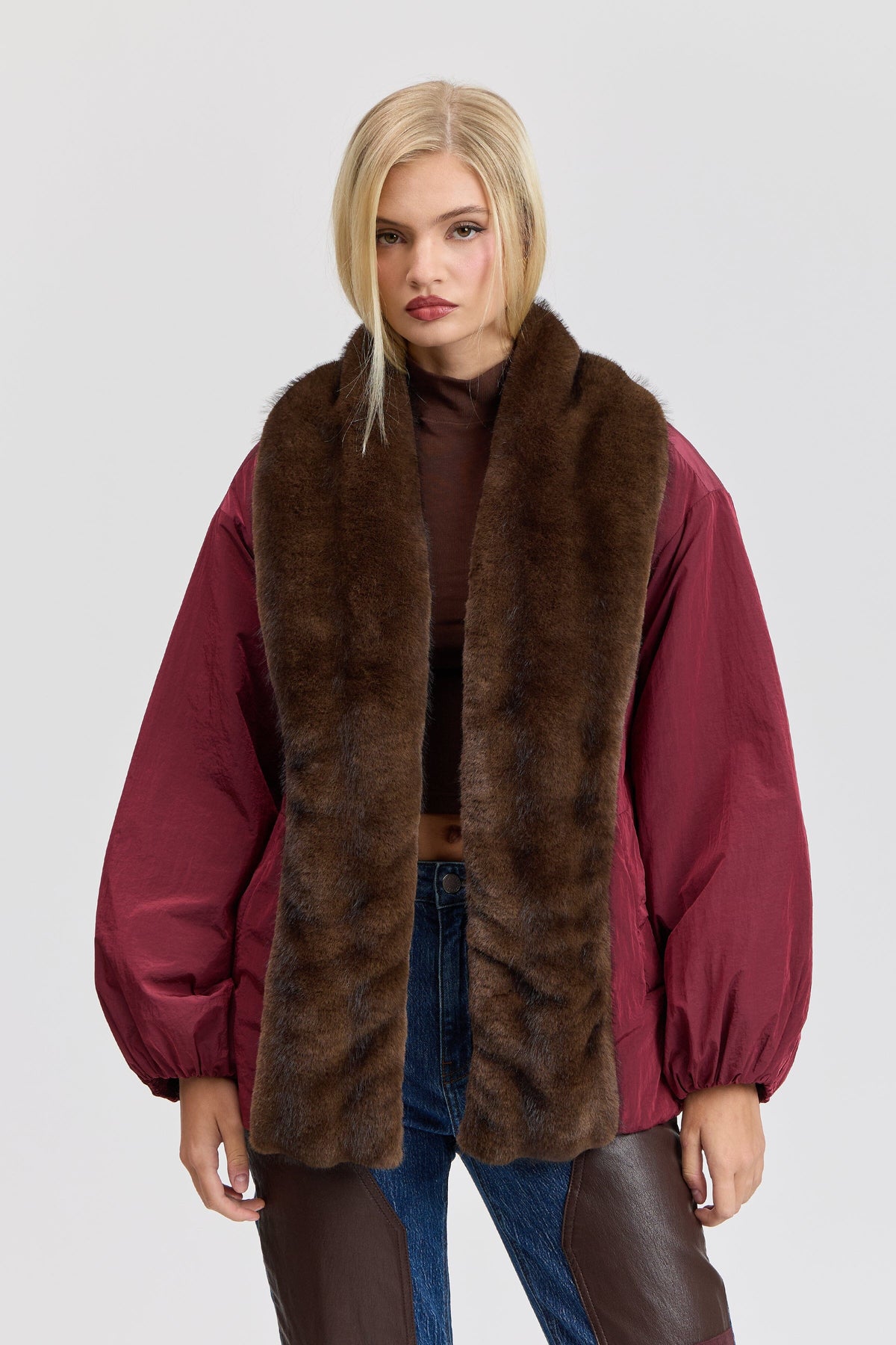 Nylon red faux fur jacket with removable belt and balloon sleeves - Shop women's cute red parka jackets by Avec Les Filles.