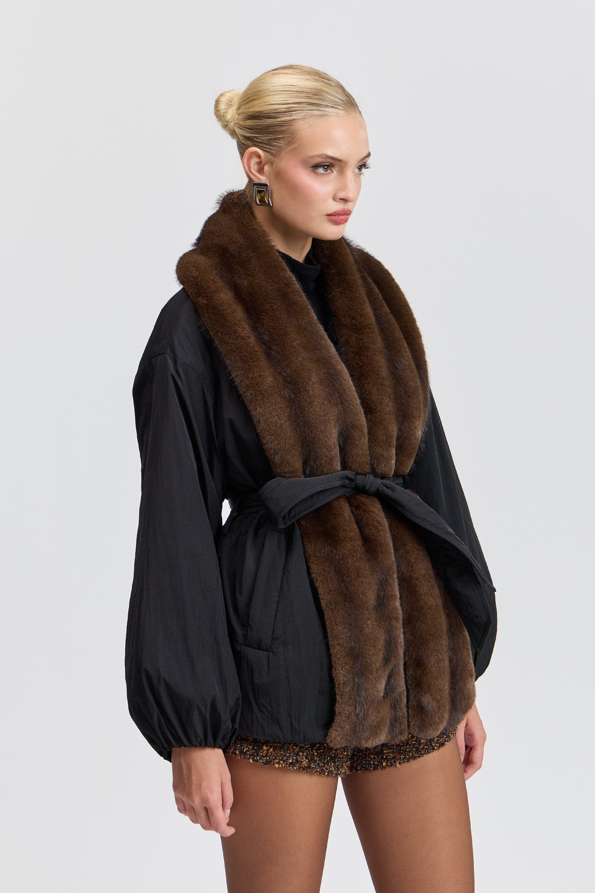 Black nylon womens faux mink coat with a removable belt - Shop cute parka jackets and coats by Avec Les Filles.