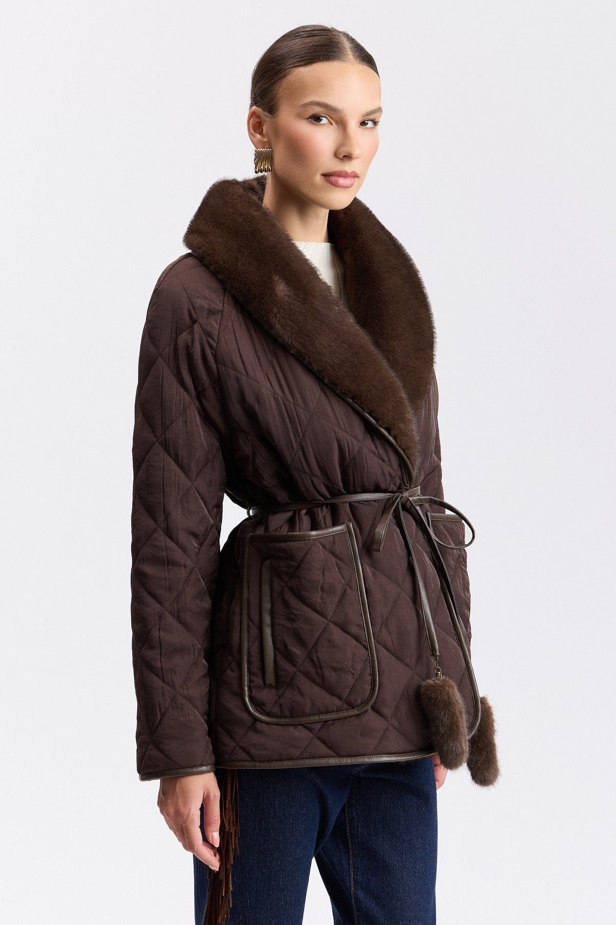 Brown faux fur jacket with shawl collar and long sleeves - Shop women's belted jackets by Avec Les Filles.