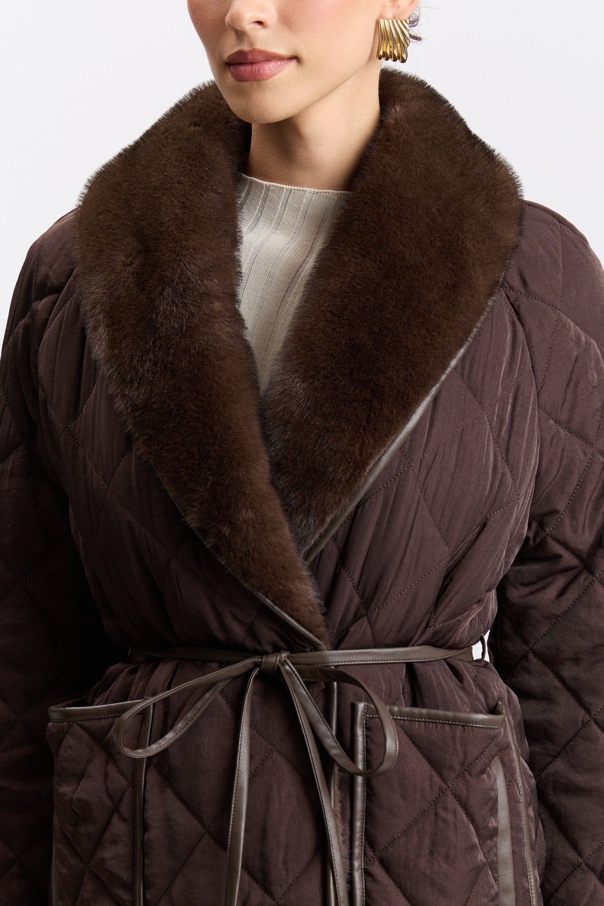 Brown fake fur jacket with shawl collar, long sleeves and a belt - Shop women's belted jackets by Avec Les Filles.