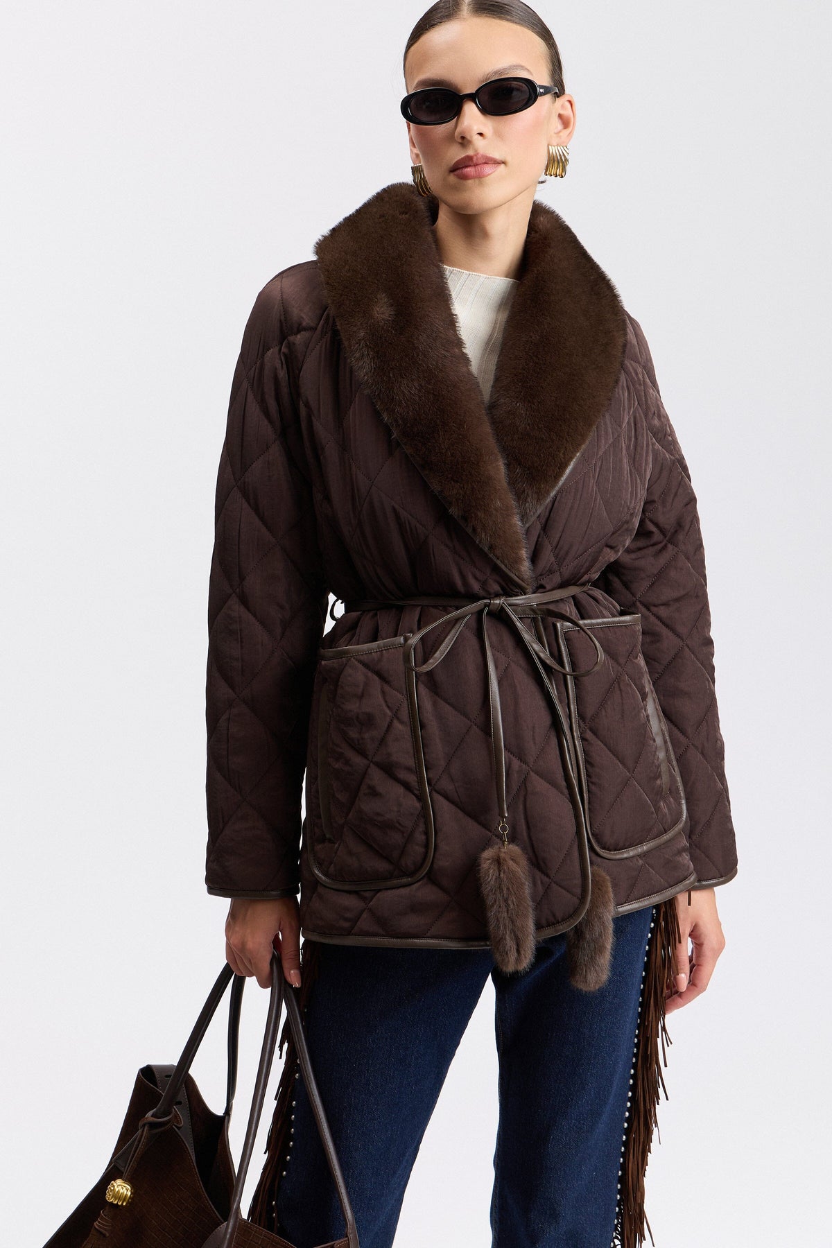 Brown faux jacket with shawl collar, long sleeves and belt - Shop women's belted jackets by Avec Les Filles.