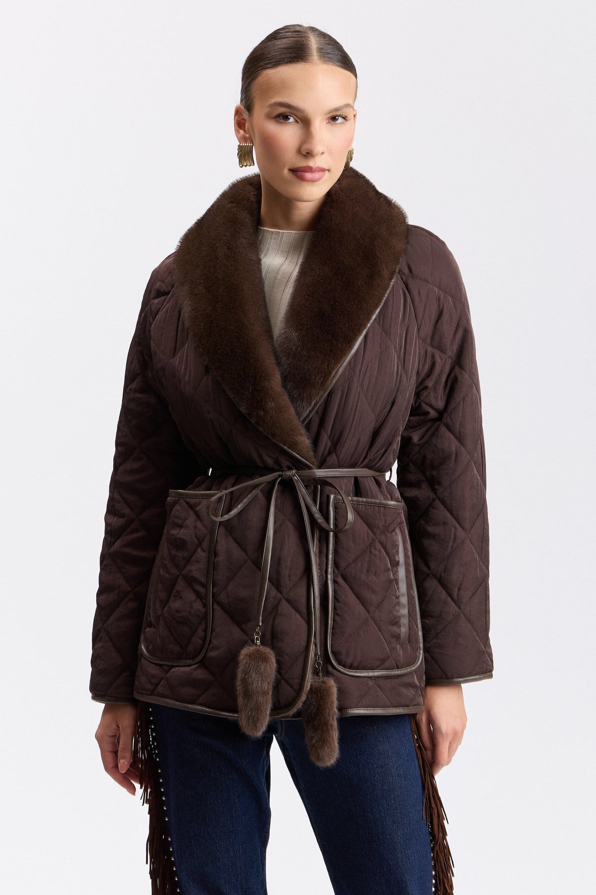 Quilted brown fuzzy jacket with shawl collar, long sleeves and a belt - Shop women's jackets by Avec Les Filles.