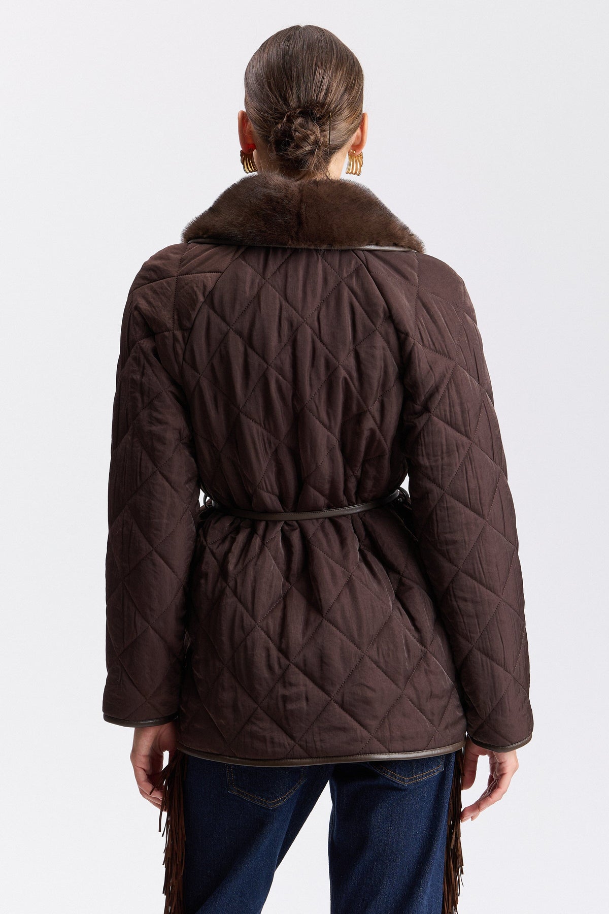 Quilted dark brown faux fur jacket with long sleeves and a belt - Shop designer women's cute jackets by Avec Les Filles.