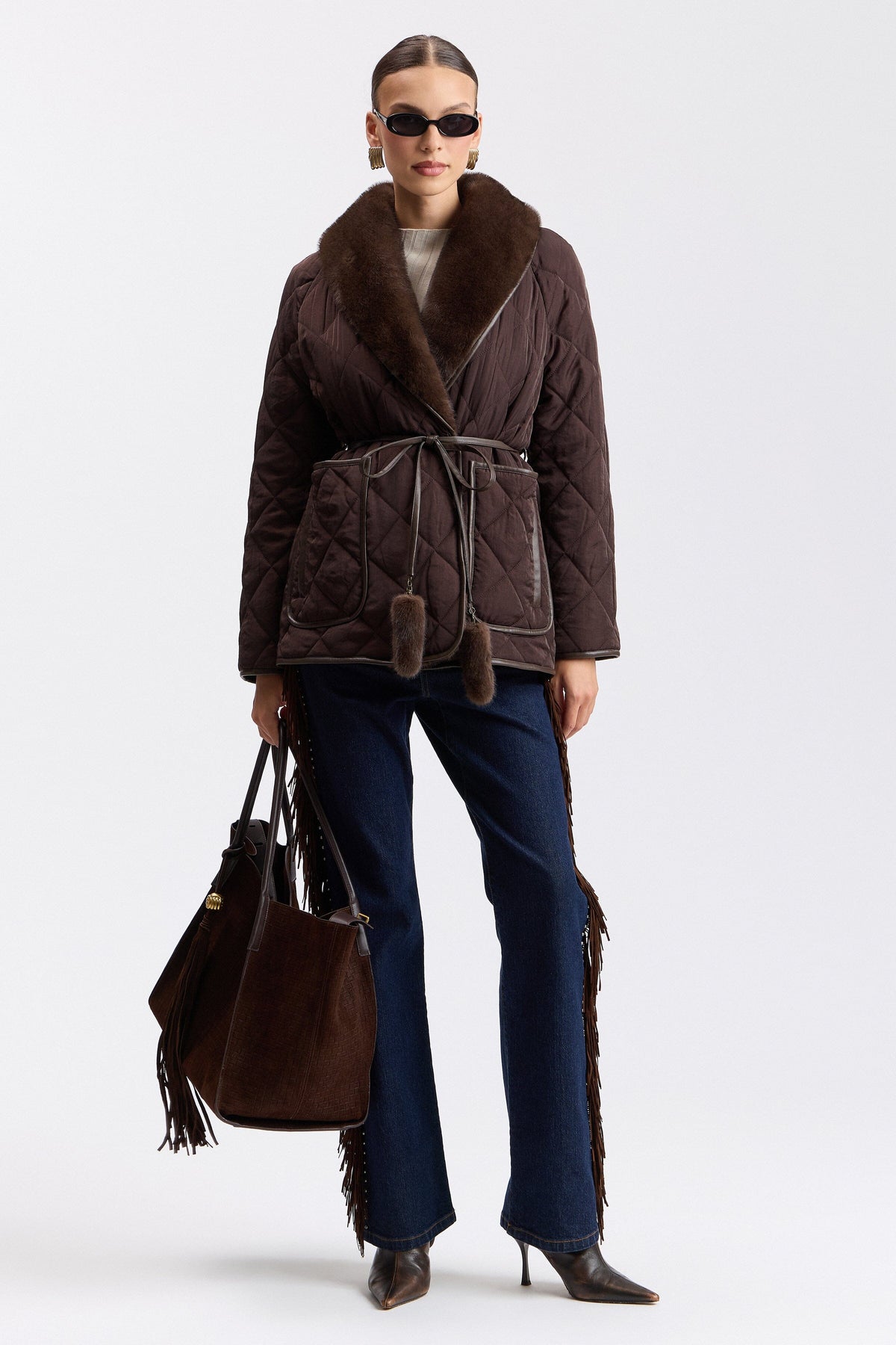 Faux brown fur jacket with shawl collar, long sleeves - Shop designer women's belted jackets by Avec Les Filles.