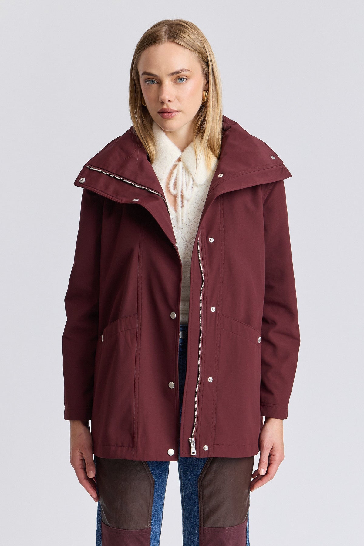Envelope-collar red rain coat jacket with a zip front and long sleeves - Shop women's coat jackets by Avec Les Filles.