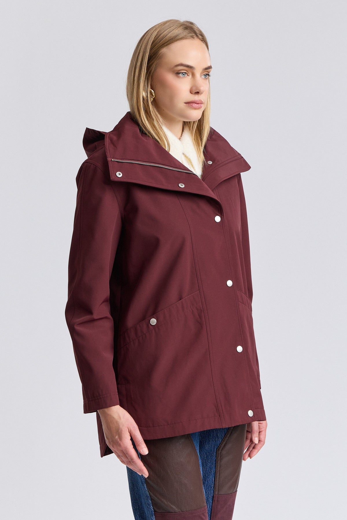 Ladies red raincoat with snap front and long sleeves - Shop designer women's cute coat jackets by Avec Les Filles.