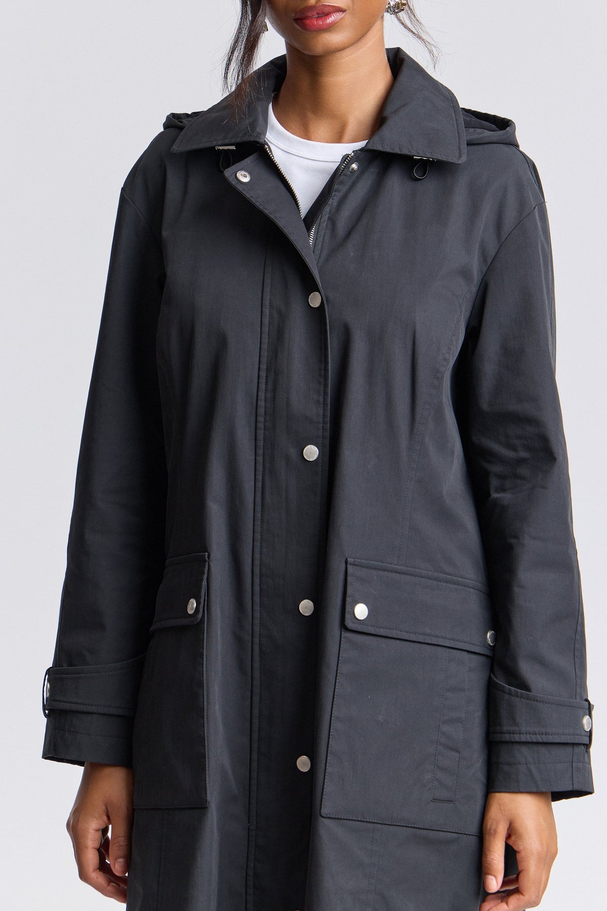 Black raincoat long with long sleeves and a snap-front - Shop women's cute long coats by Avec Les Filles.