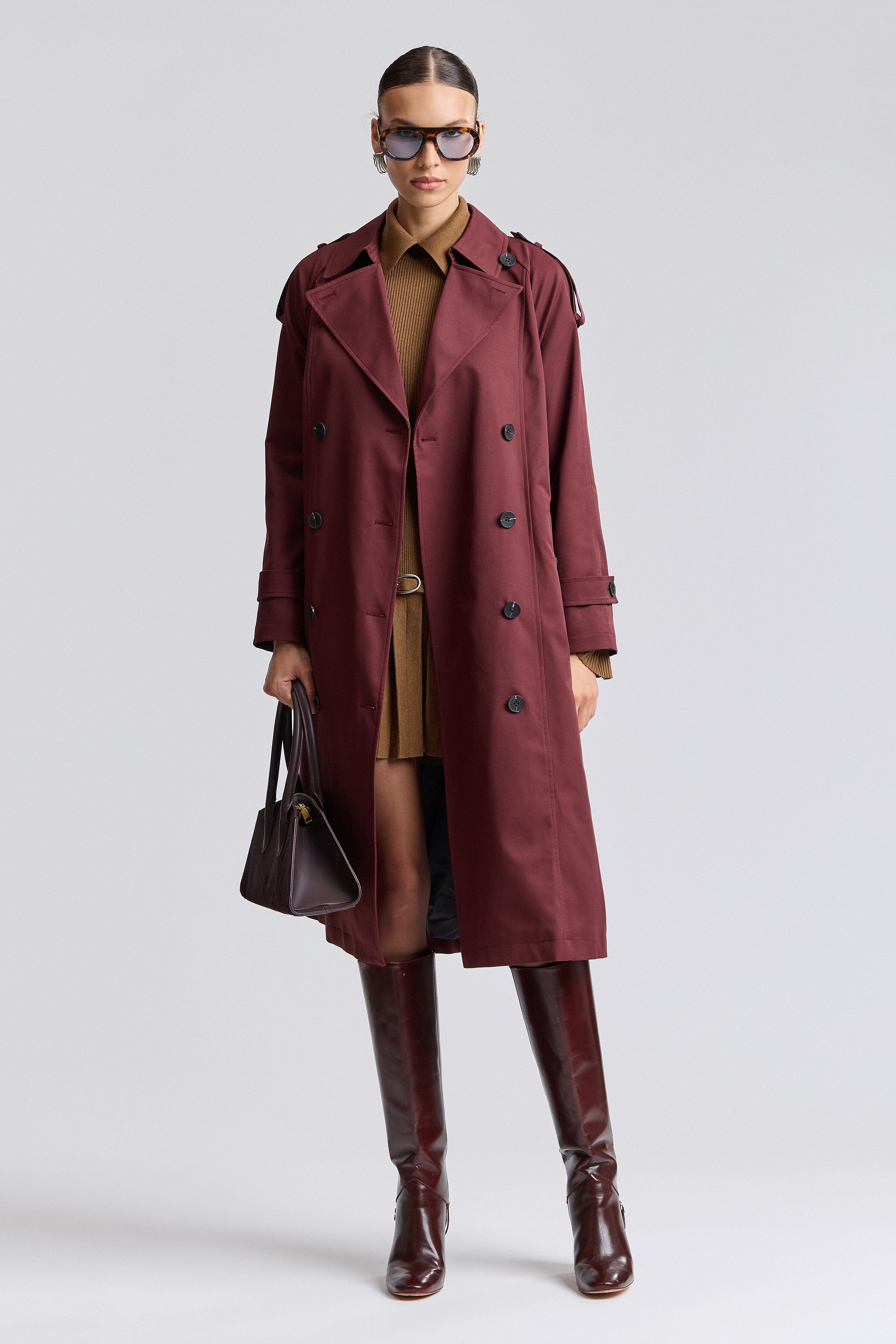 Double-breasted red long trench coat with long raglan sleeves - Shop best trench coats for women by Avec Les Filles.