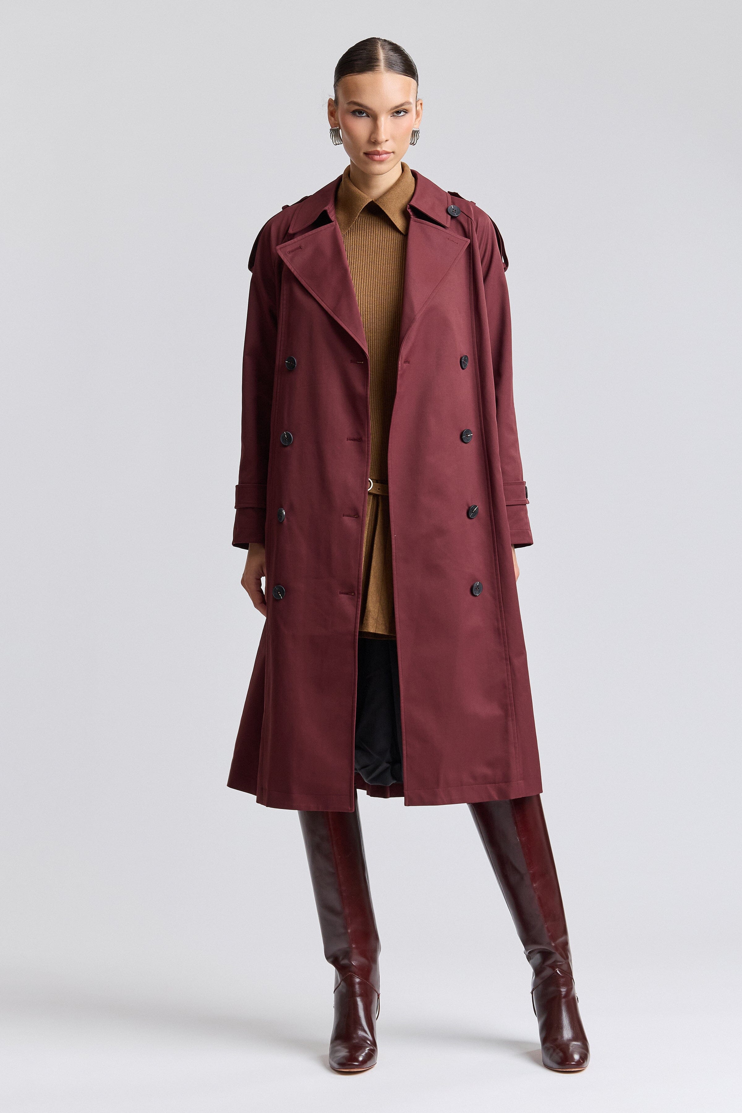 Double-breasted red long trench coat with long raglan sleeves - Shop best trench coats for women by Avec Les Filles.
