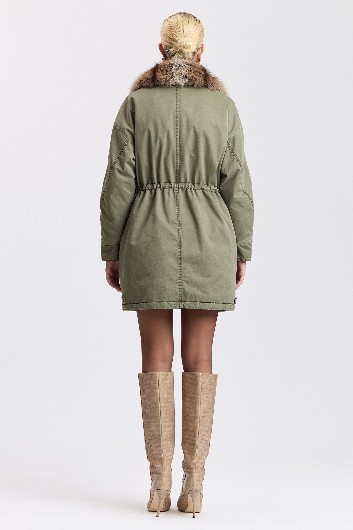 Green detachable womens parka jacket in cotton with drawstring waist - Shop designer jackets by Avec Les Filles.