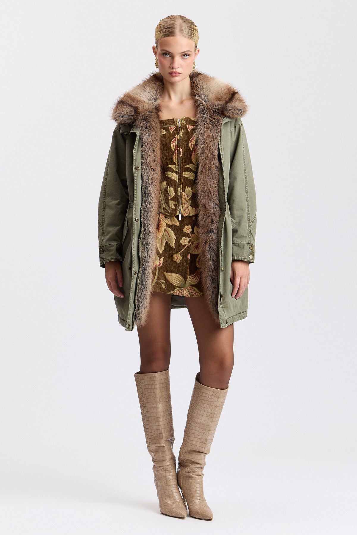 Green detachable faux fur collar coat with drawstring waist - Shop women's parka jackets by Avec Les Filles.