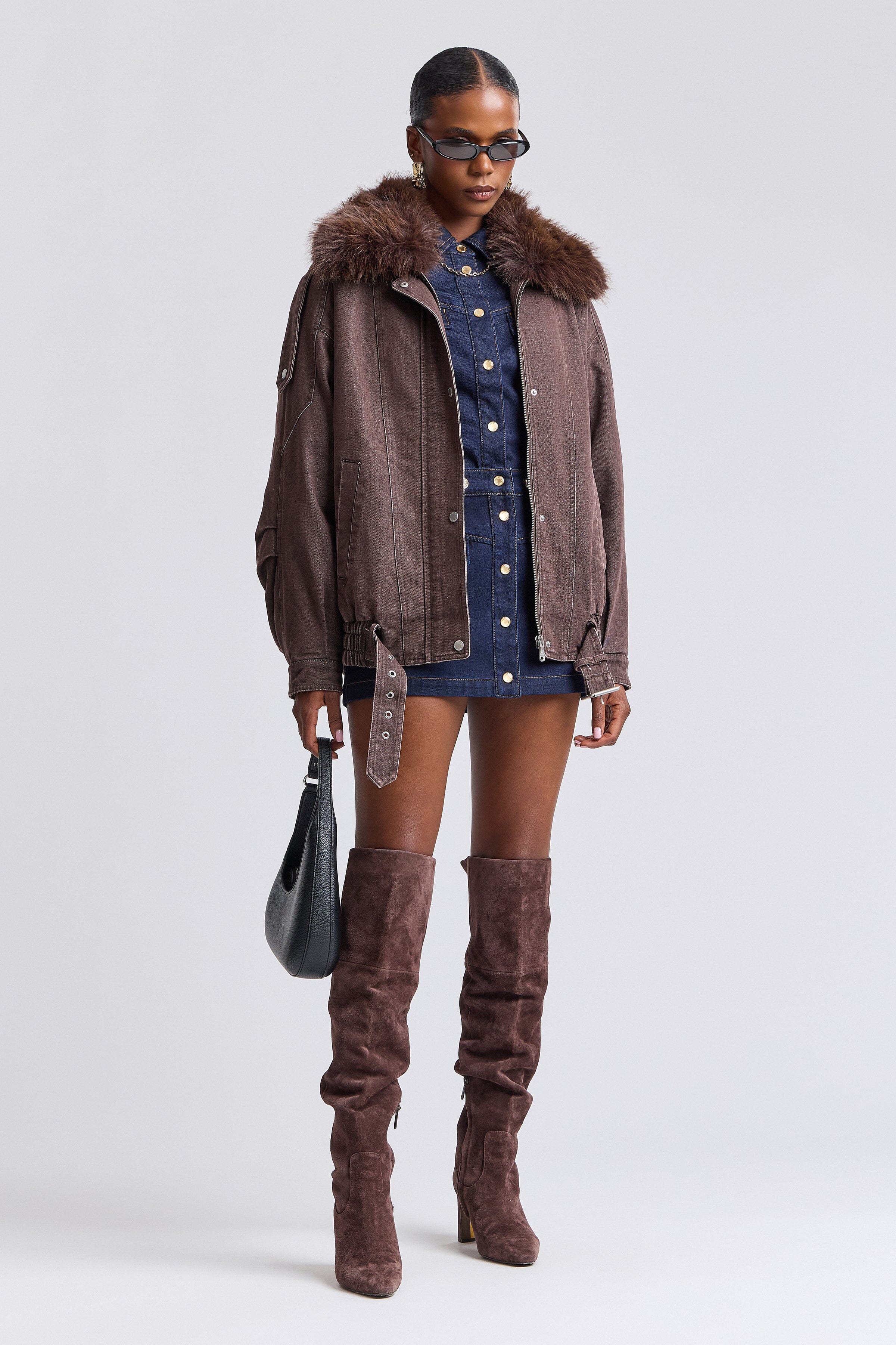 denim oversized brown bomber jacket women with adjustable belt and long sleeves - Shop jackets by Avec Les Filles.