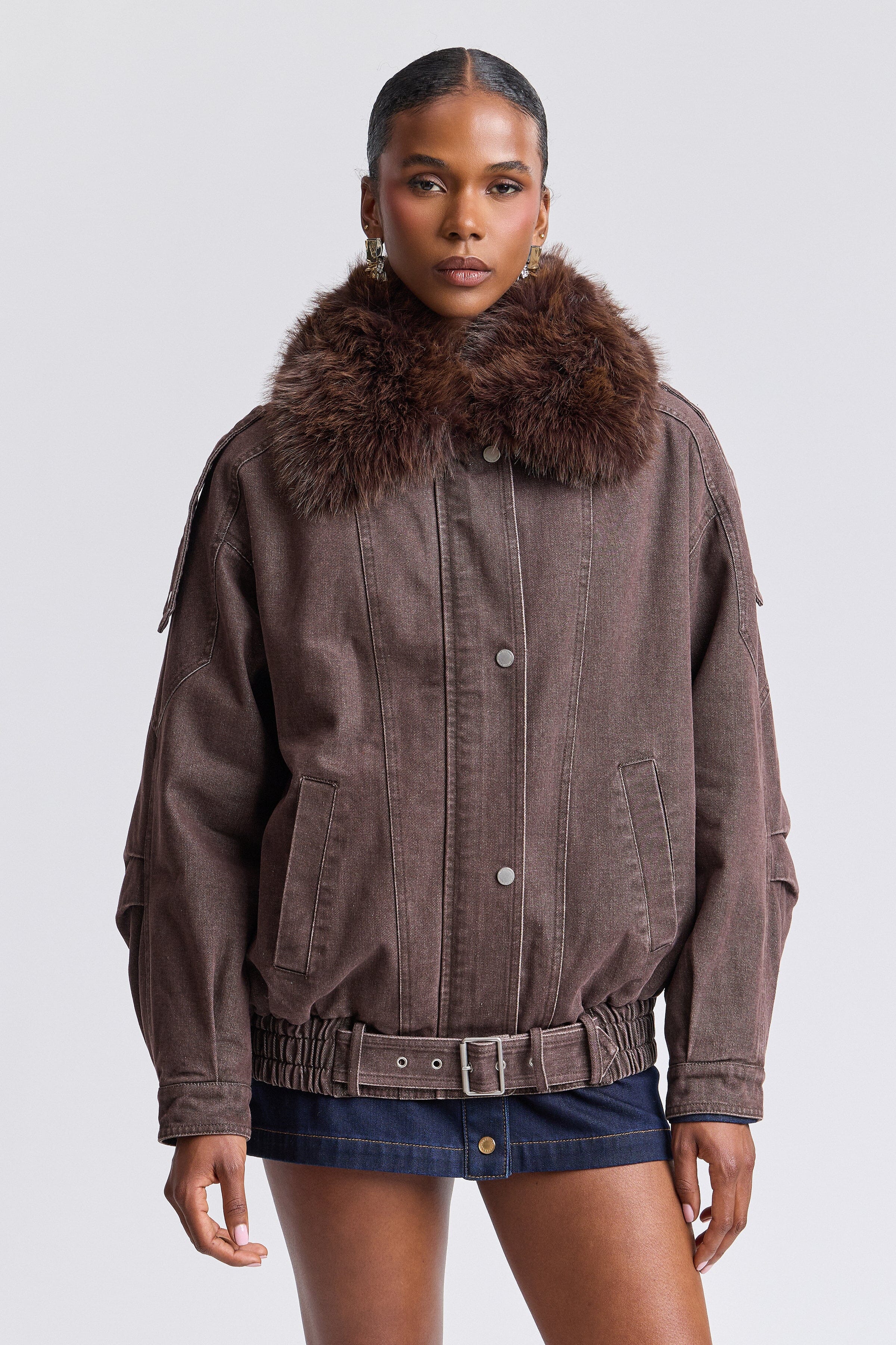 Denim brown fur trim denim jacket with adjustable belt and long sleeves - Shop women's cute jackets by Avec Les Filles.