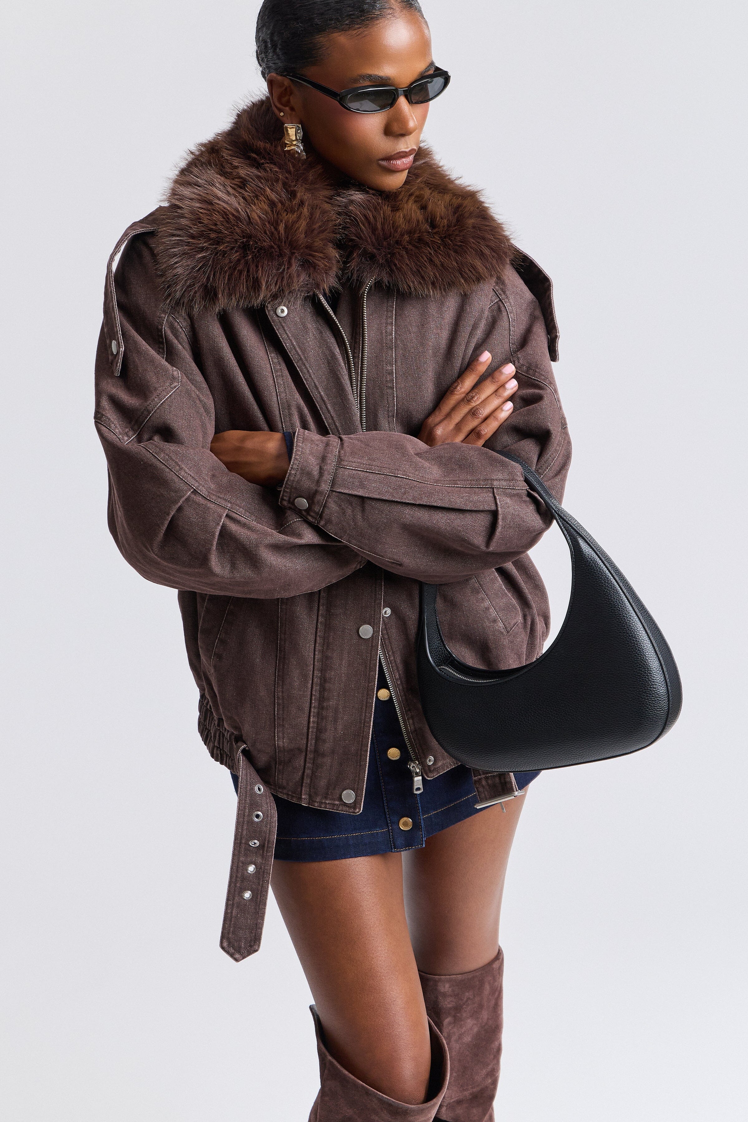 Brown denim jacket fur trim, adjustable belt and long sleeves - Shop women's bomber jackets by Avec Les Filles.