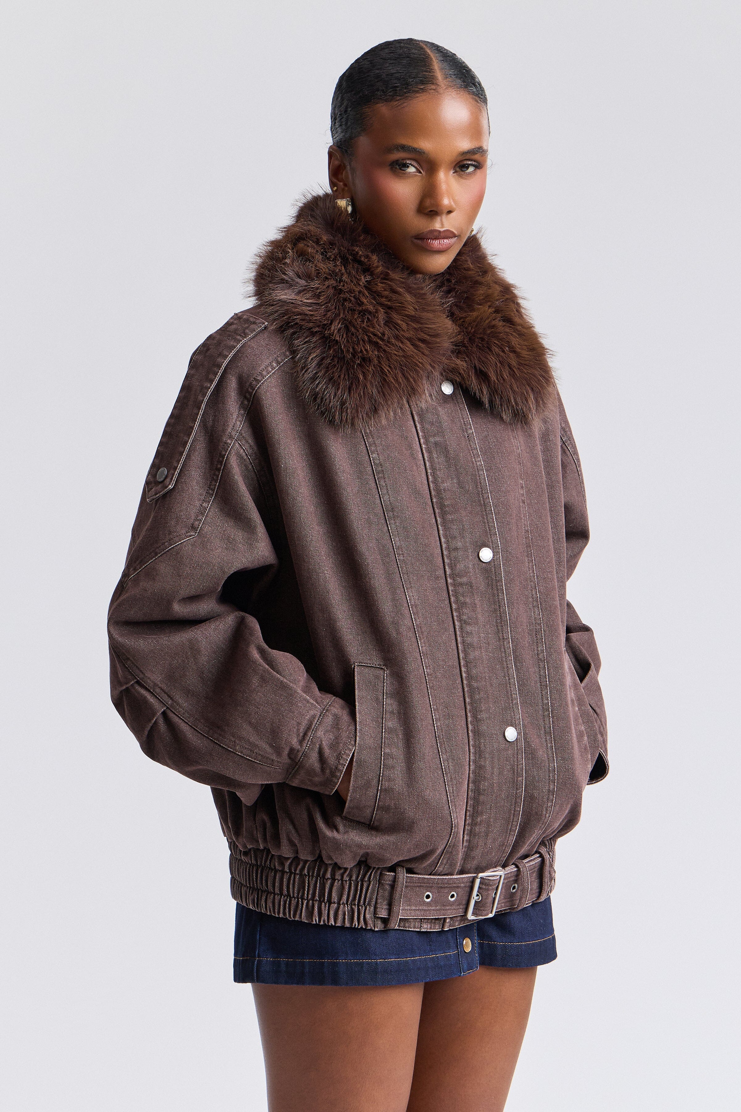 Denim jacket with faux fur trim, adjustable belt and long sleeves - Shop women's bomber jackets by Avec Les Filles.
