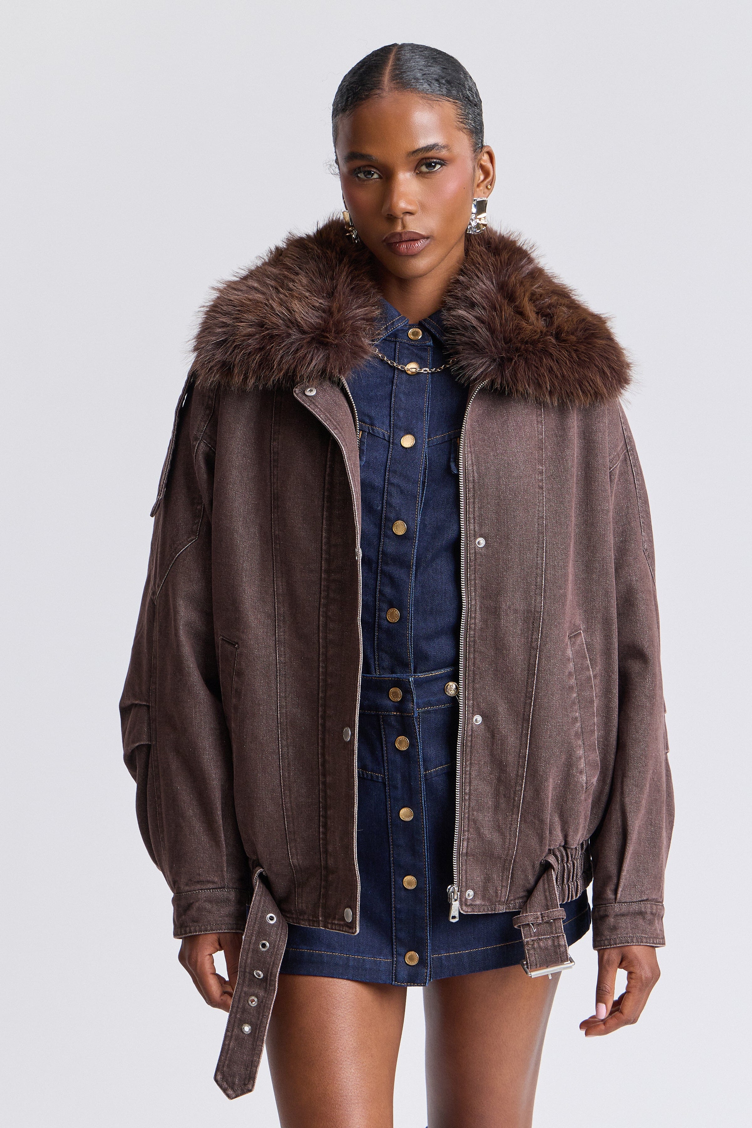 Brown oversized jacket with adjustable belt and long sleeves - Shop women's bomber jackets by Avec Les Filles.