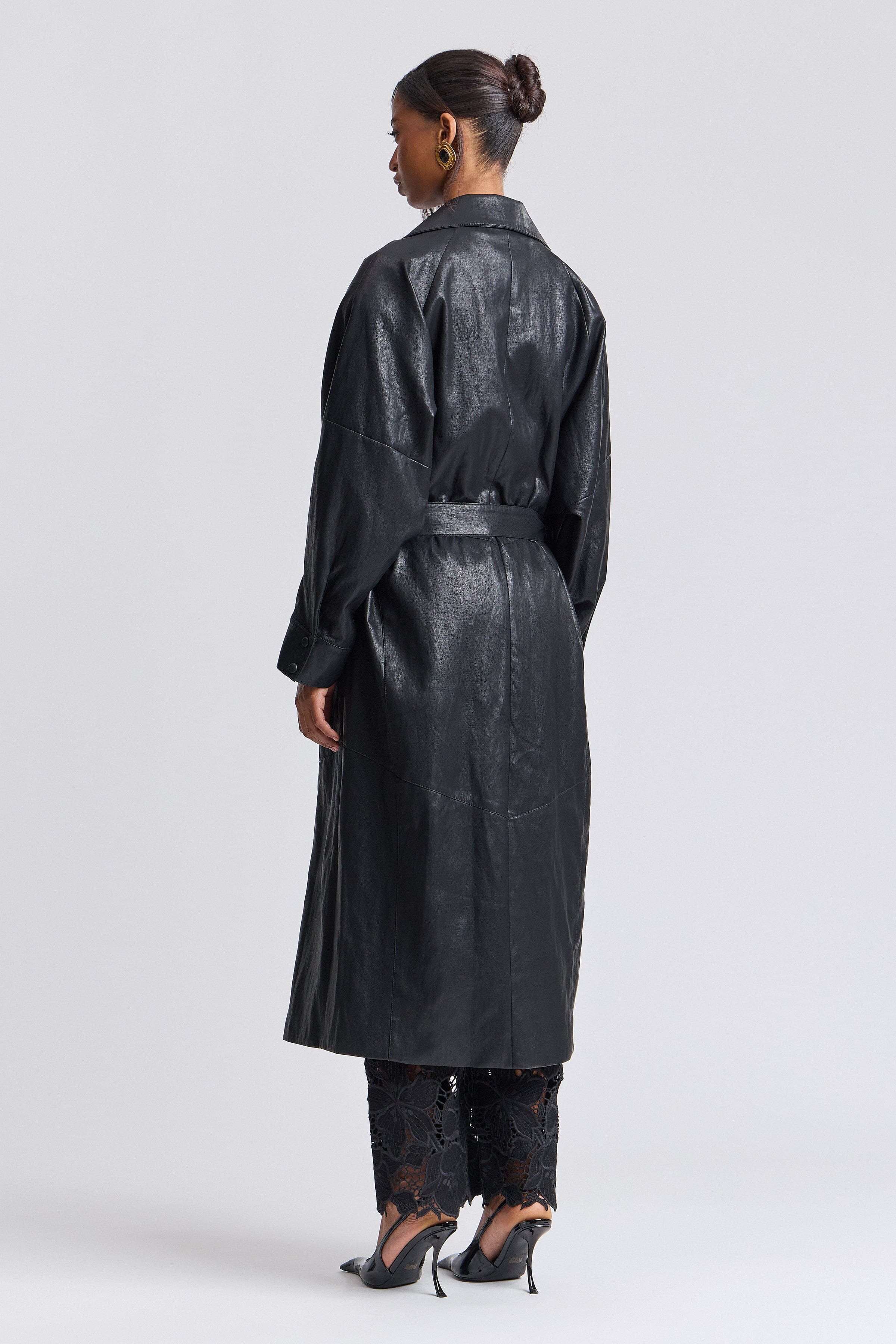 Double-breasted leather jacket black long with adjustable belt - Shop women's cute trench coats by Avec Les Filles.
