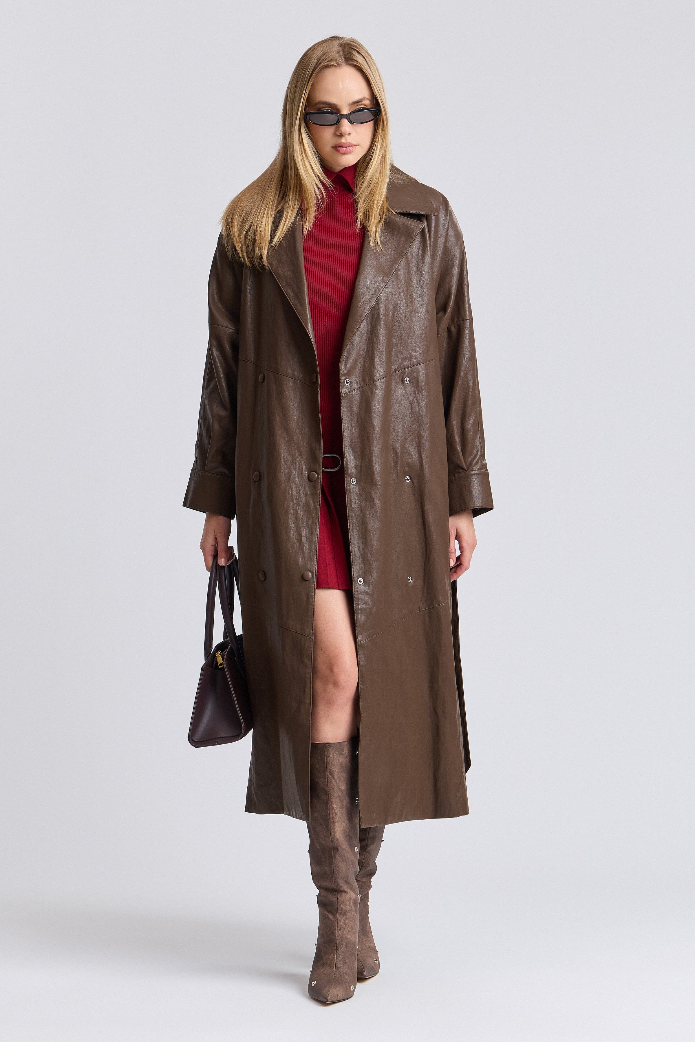 Double-breasted button-front brown faux leather trench coat - Shop women's cute trench coats by Avec Les Filles.