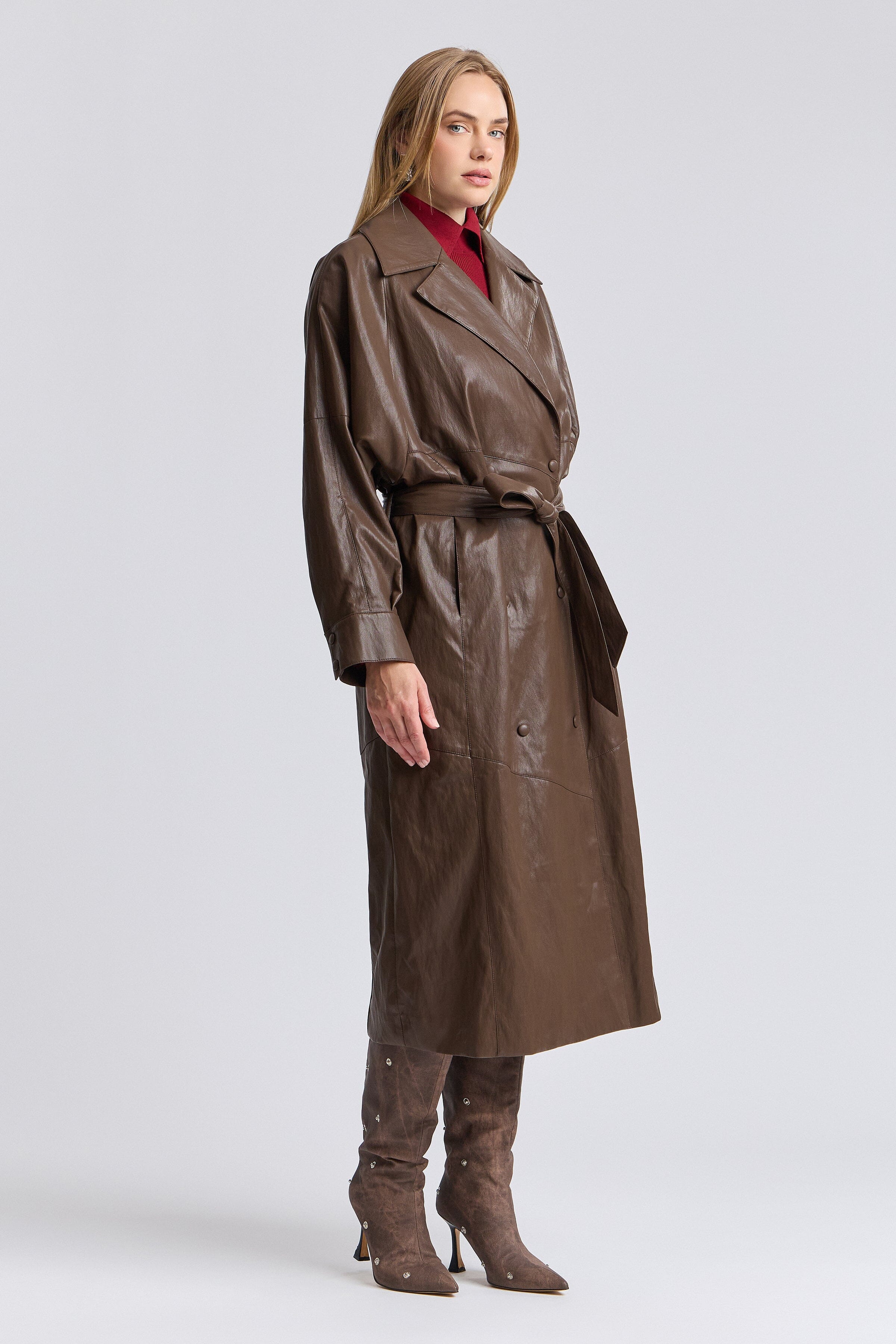 Double-breasted brown leather jacket long with adjustable belt - Shop women's cute trench coats by Avec Les Filles.