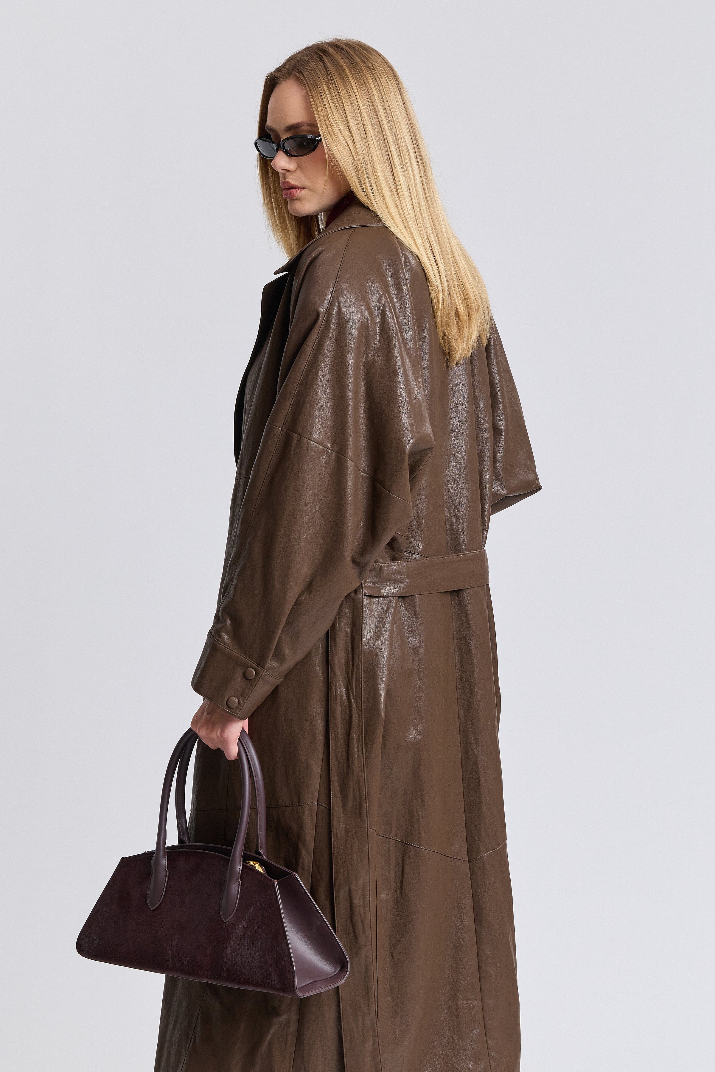 Brown leather long jacket with adjustable belt - Shop women's cute trench coats by Avec Les Filles.