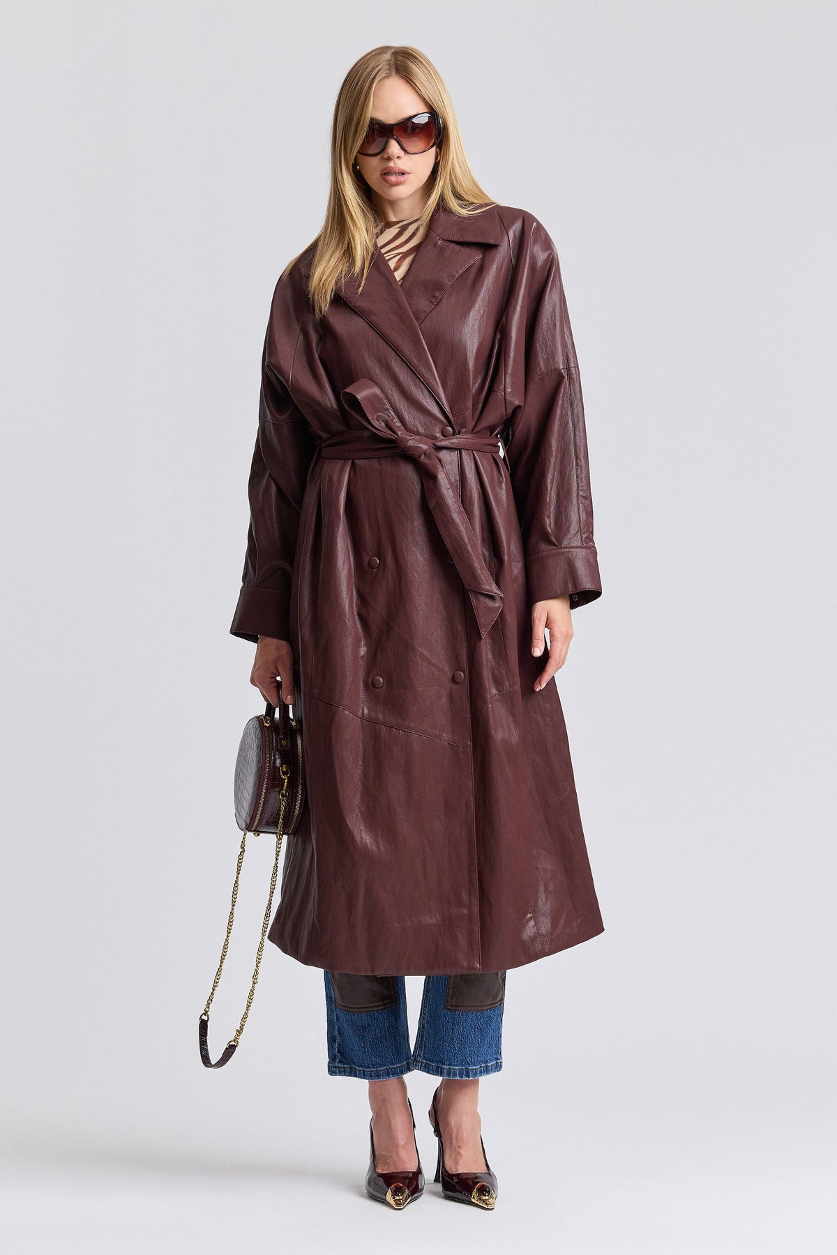 Burgundy full length leather trench coat with a belt - Shop women's cute belted trench coats by Avec Les Filles.