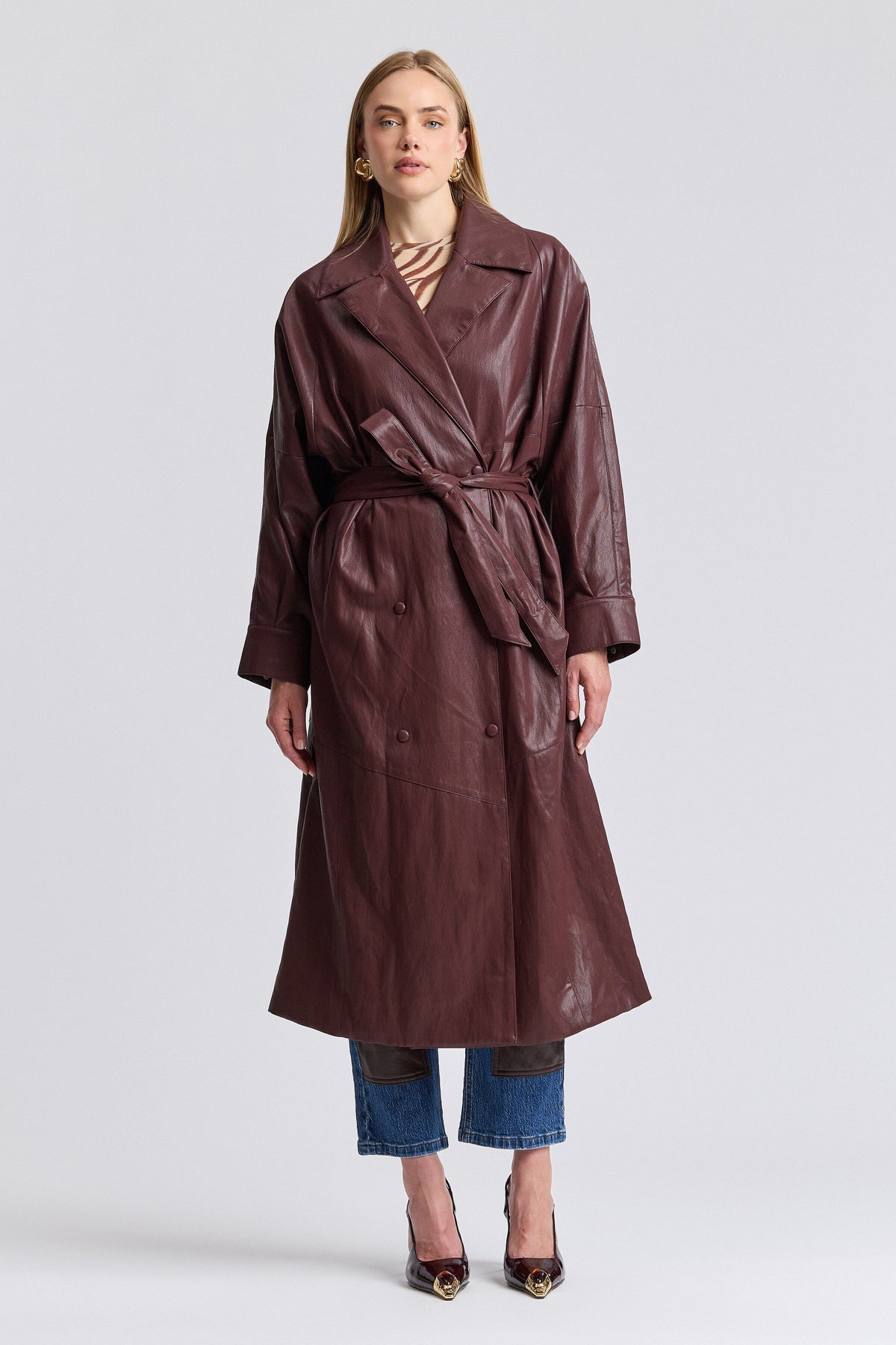Dolman sleeve faux leather trench coat red with a belt - Shop women's cute belted trench coats by Avec Les Filles.