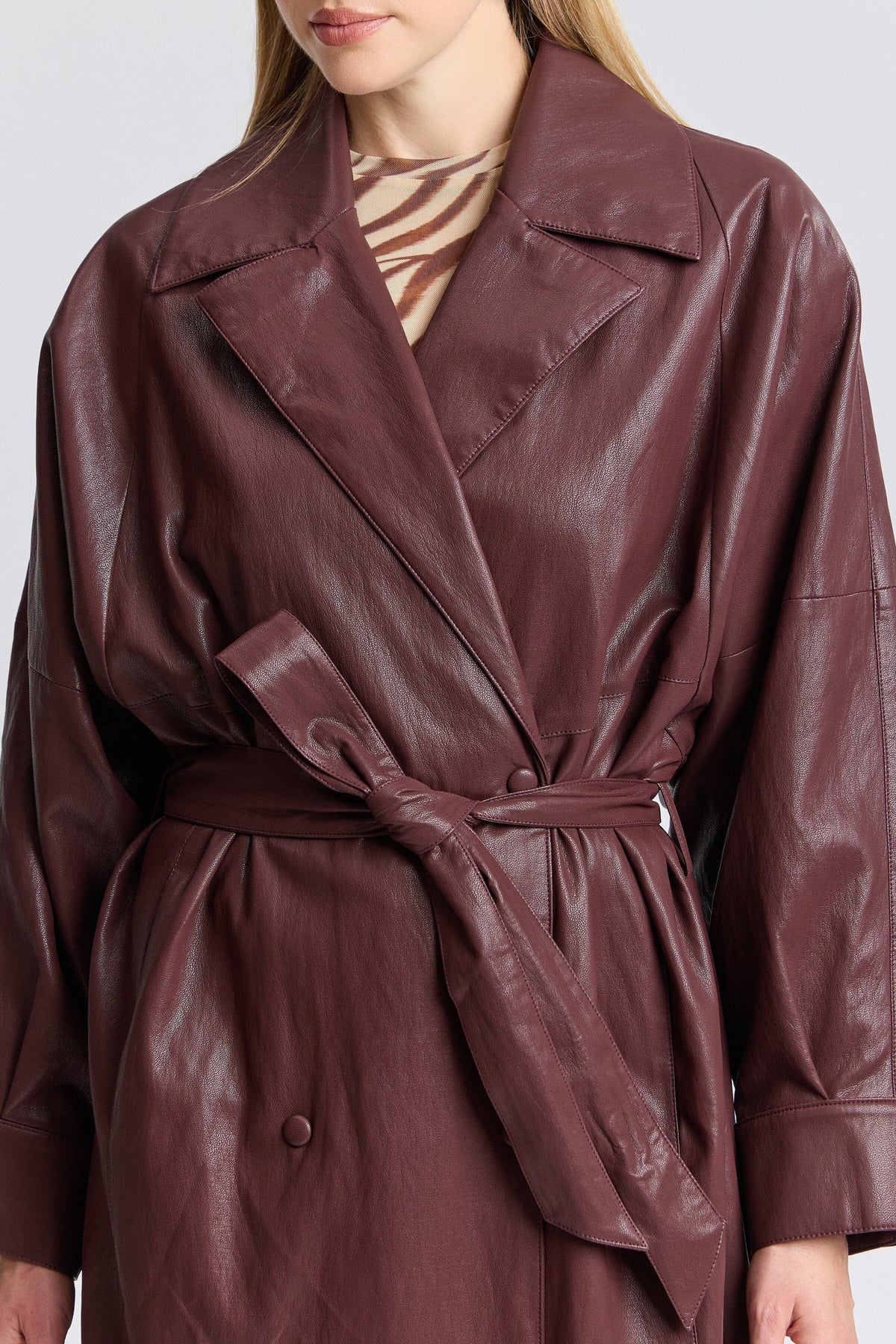 Dolman sleeve red faux leather coat with a belt - Shop designer women's cute trench coats by Avec Les Filles.