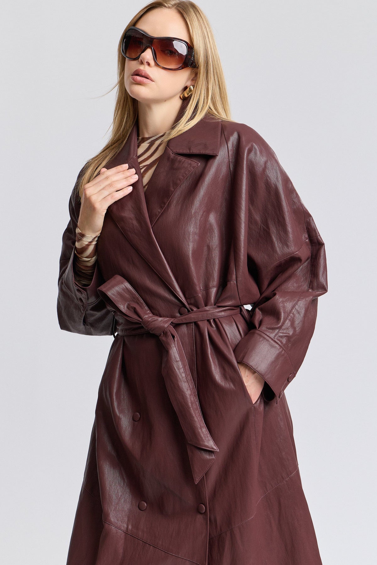 Dolman sleeve burgundy faux leather trench with a belt - Shop women's cute belted trench coats by Avec Les Filles.