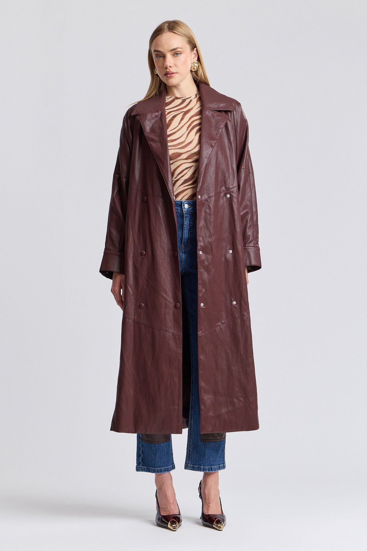 Dolman sleeve burgundy faux leather trench coat - Shop designer cute belted trench coats by Avec Les Filles.