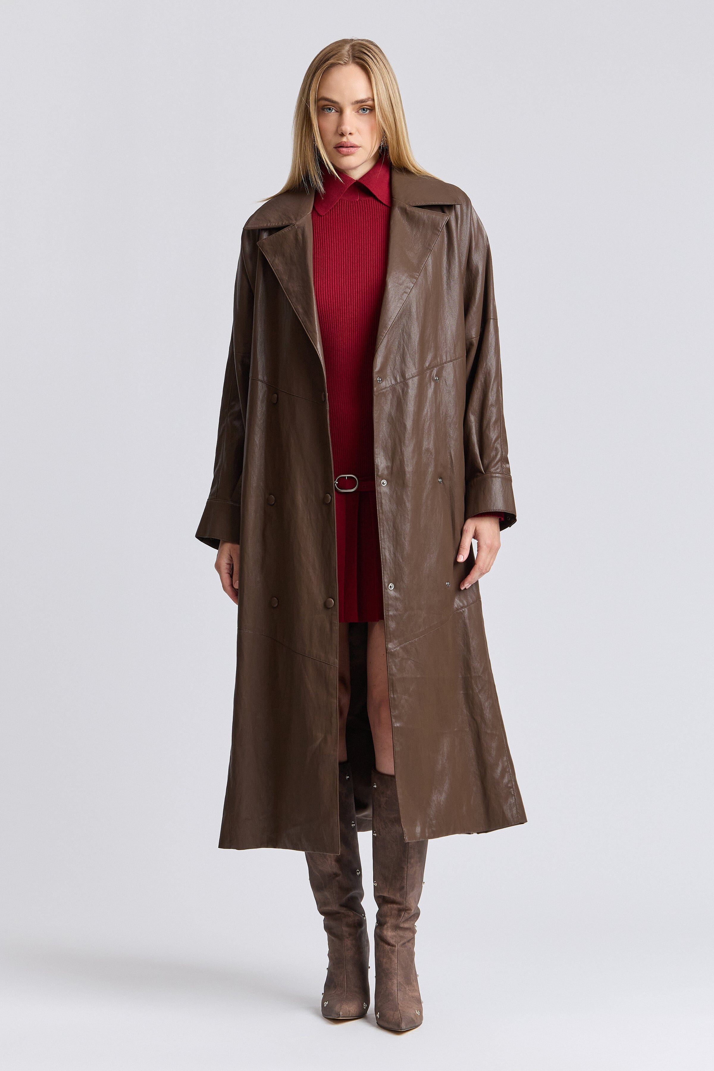 Double-breasted button-front long brown leather jacket - Shop women's cute trench coats by Avec Les Filles.