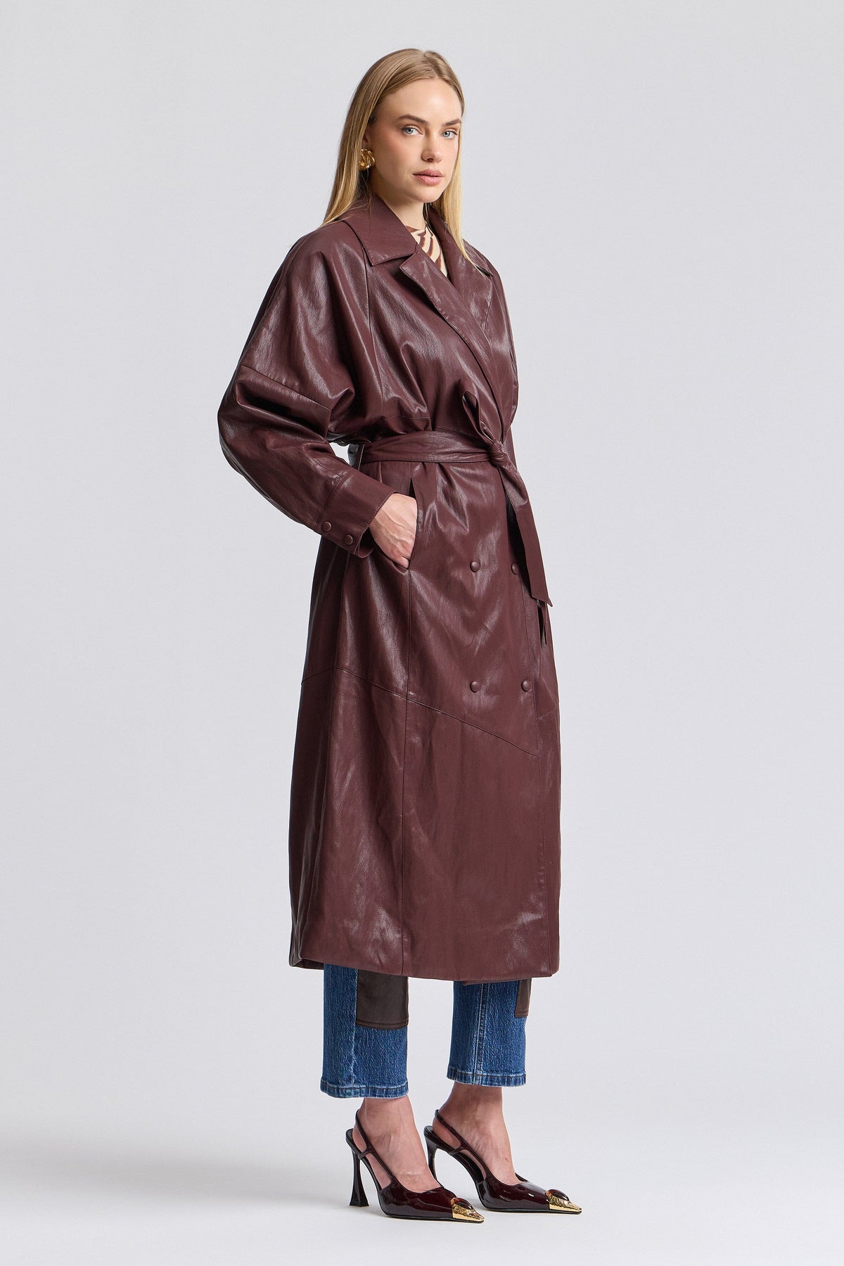 Red faux leather trench coat with a belt - Shop designer women's cute belted trench coats by Avec Les Filles.
