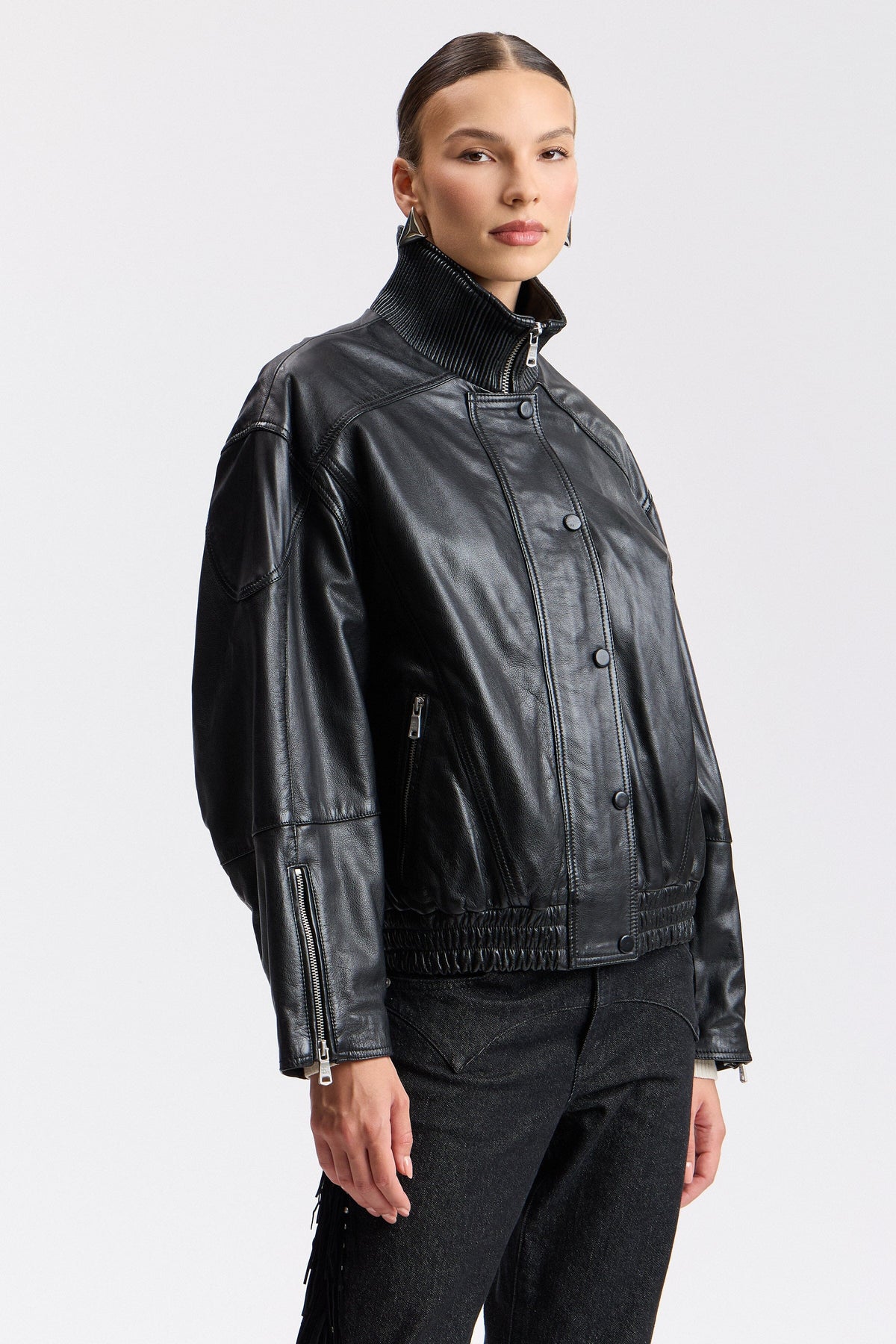 Oversized black leather bomber jacket with a front zip - Shop women's cute leather jackets by Avec Les Filles.
