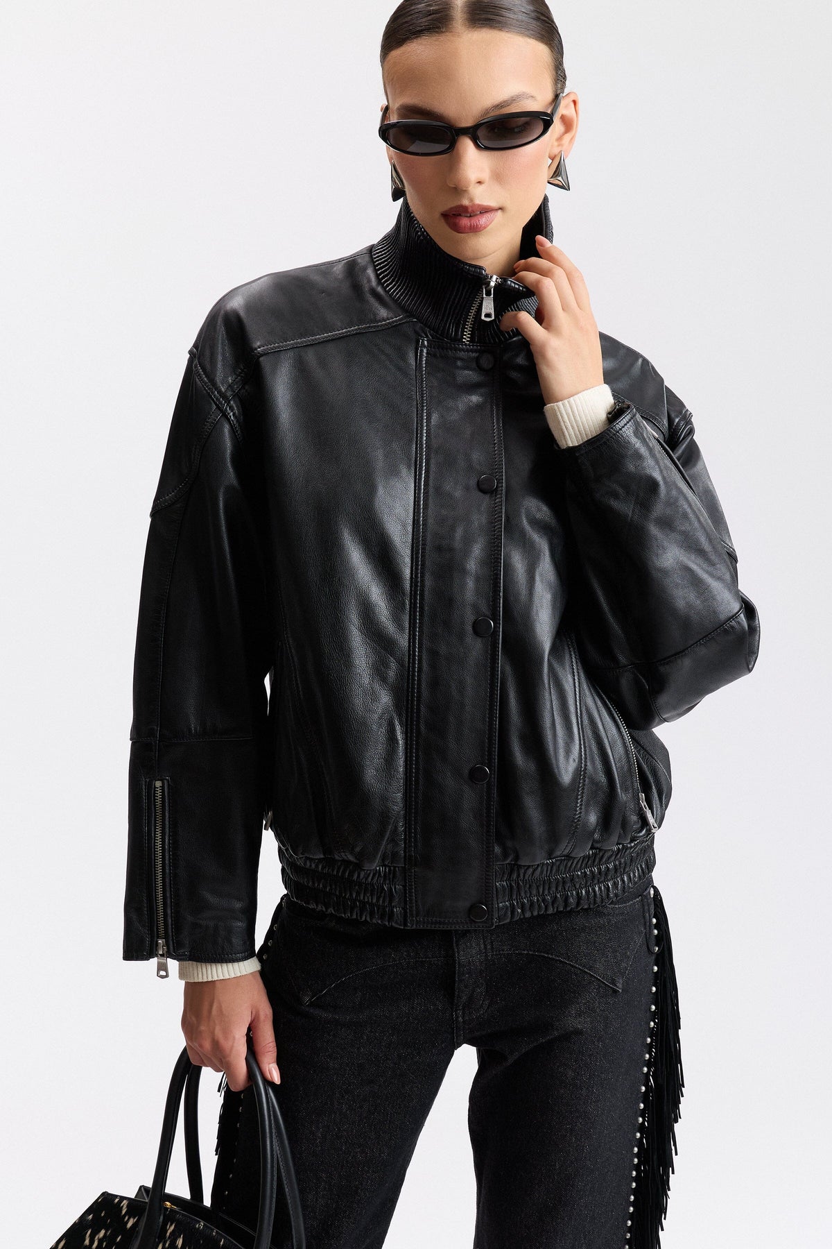 Women's oversized bomber jacket in genuine leather with front zip - Shop designer jackets by Avec Les Filles.