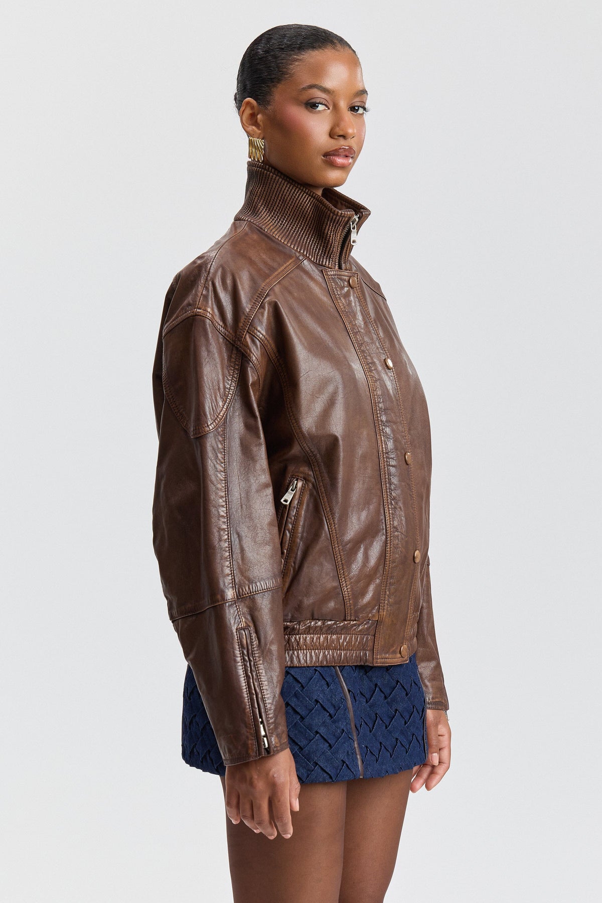 Brown bomber jacket women in genuine leather - Shop designer women's jackets by Avec Les Filles.