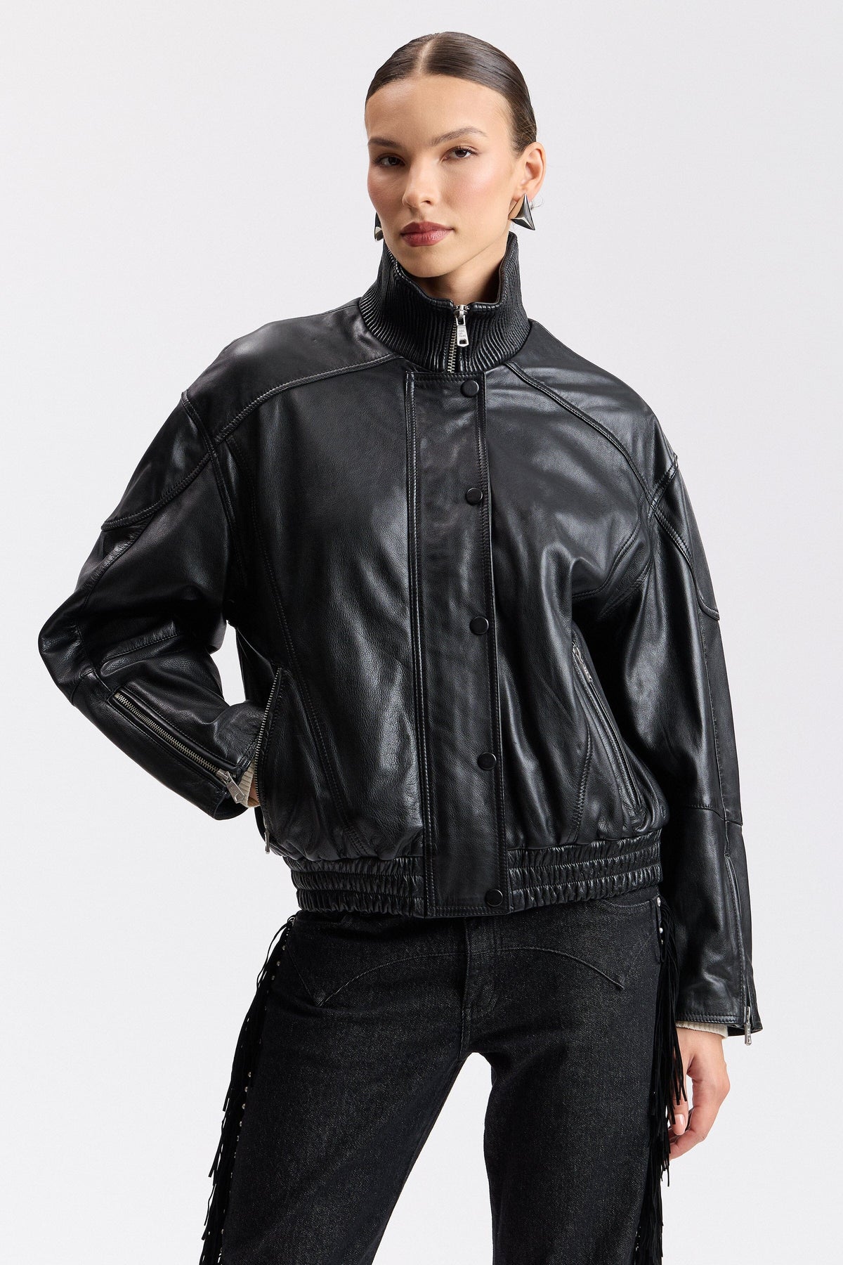 Black leather bomber jacket in genuine leather with front zip - Shop women's cute leather jackets by Avec Les Filles.