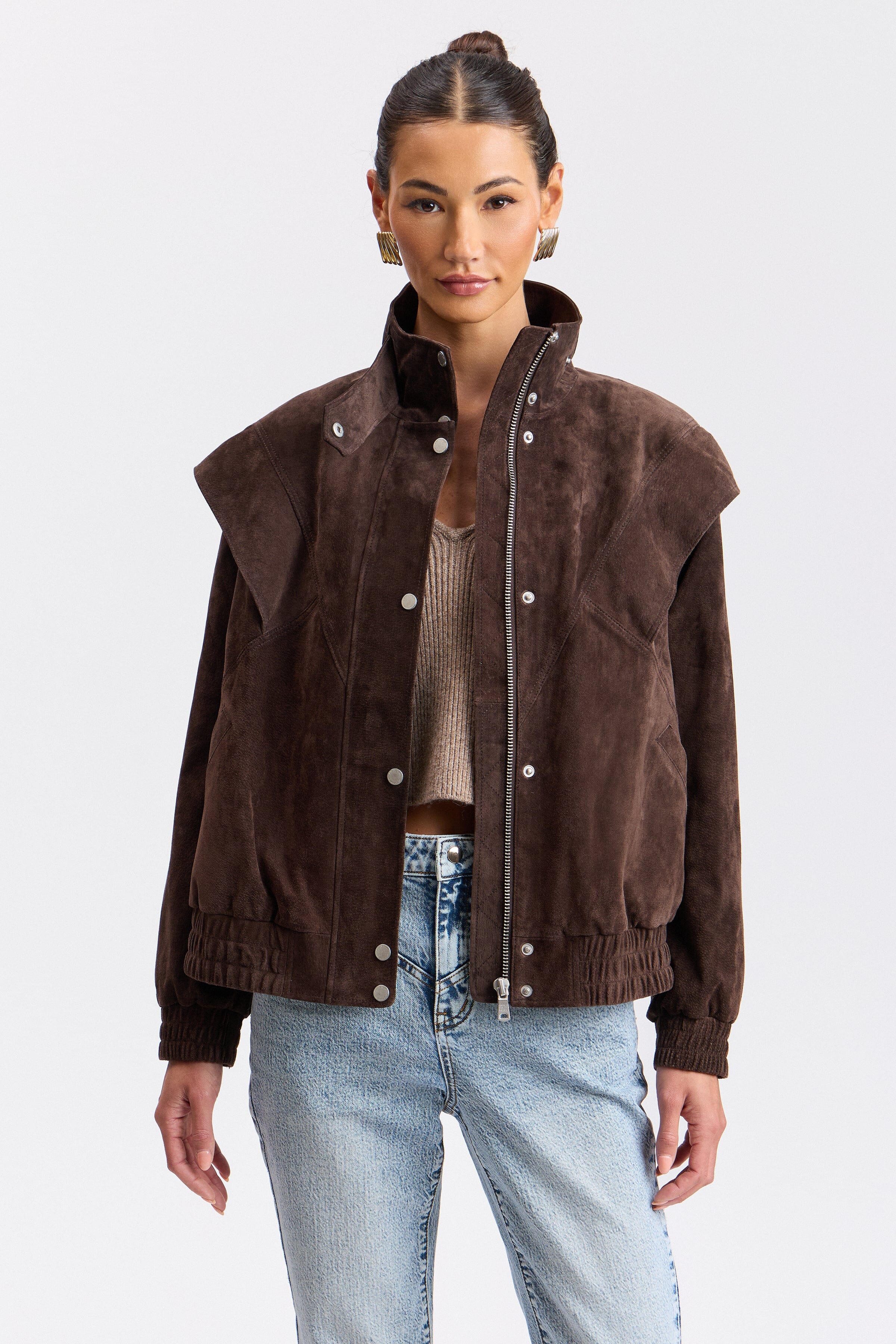 Brown suede jacket for women with snap-front and long sleeves - Shop cute bomber jackets by Avec Les Filles.