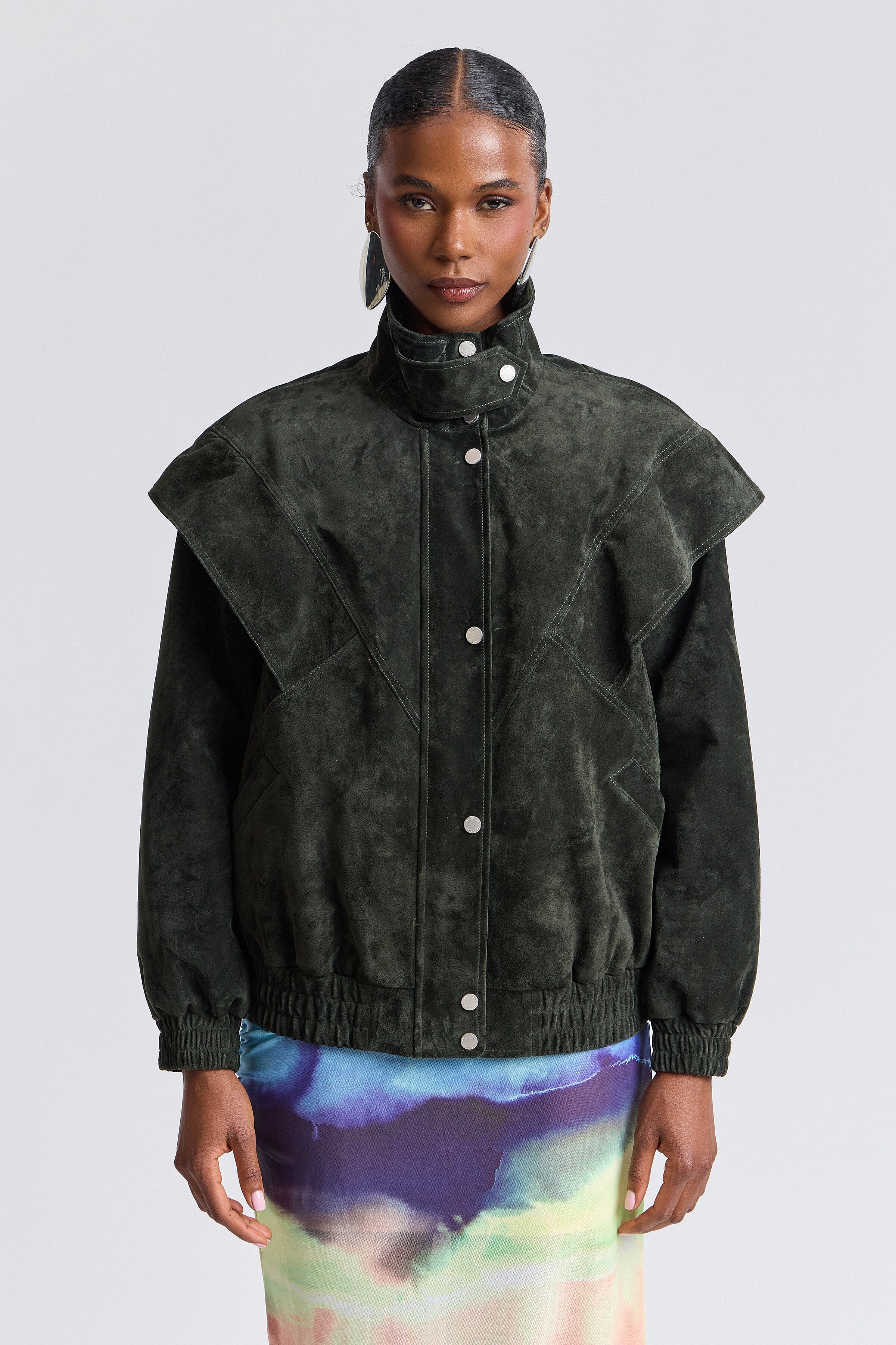 Suede green bomber jacket with snap-front and long sleeves - Shop womens suede jackets by Avec Les Filles.