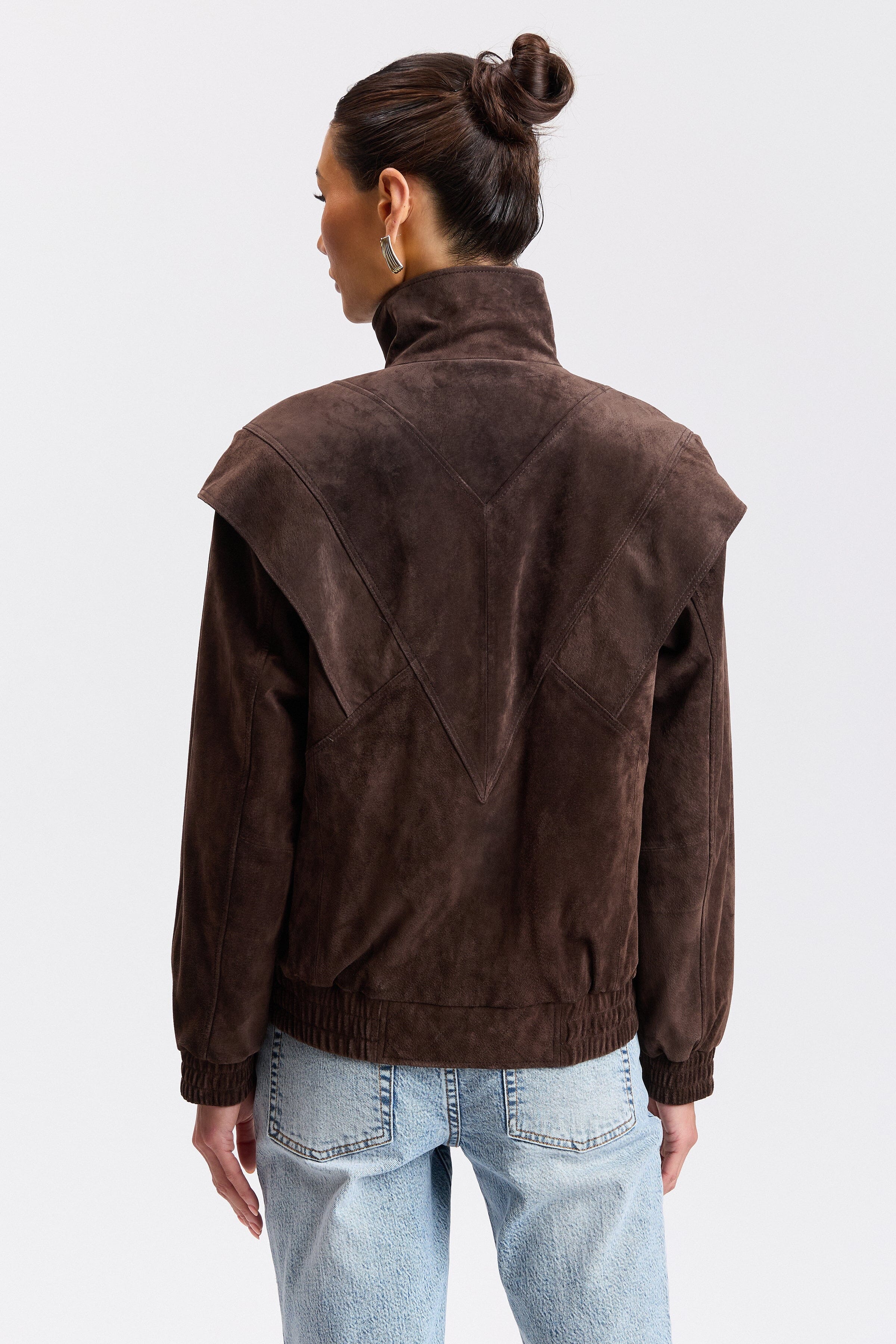 Dark brown suede jacket women with long sleeves - Shop designer bomber jackets by Avec Les Filles.