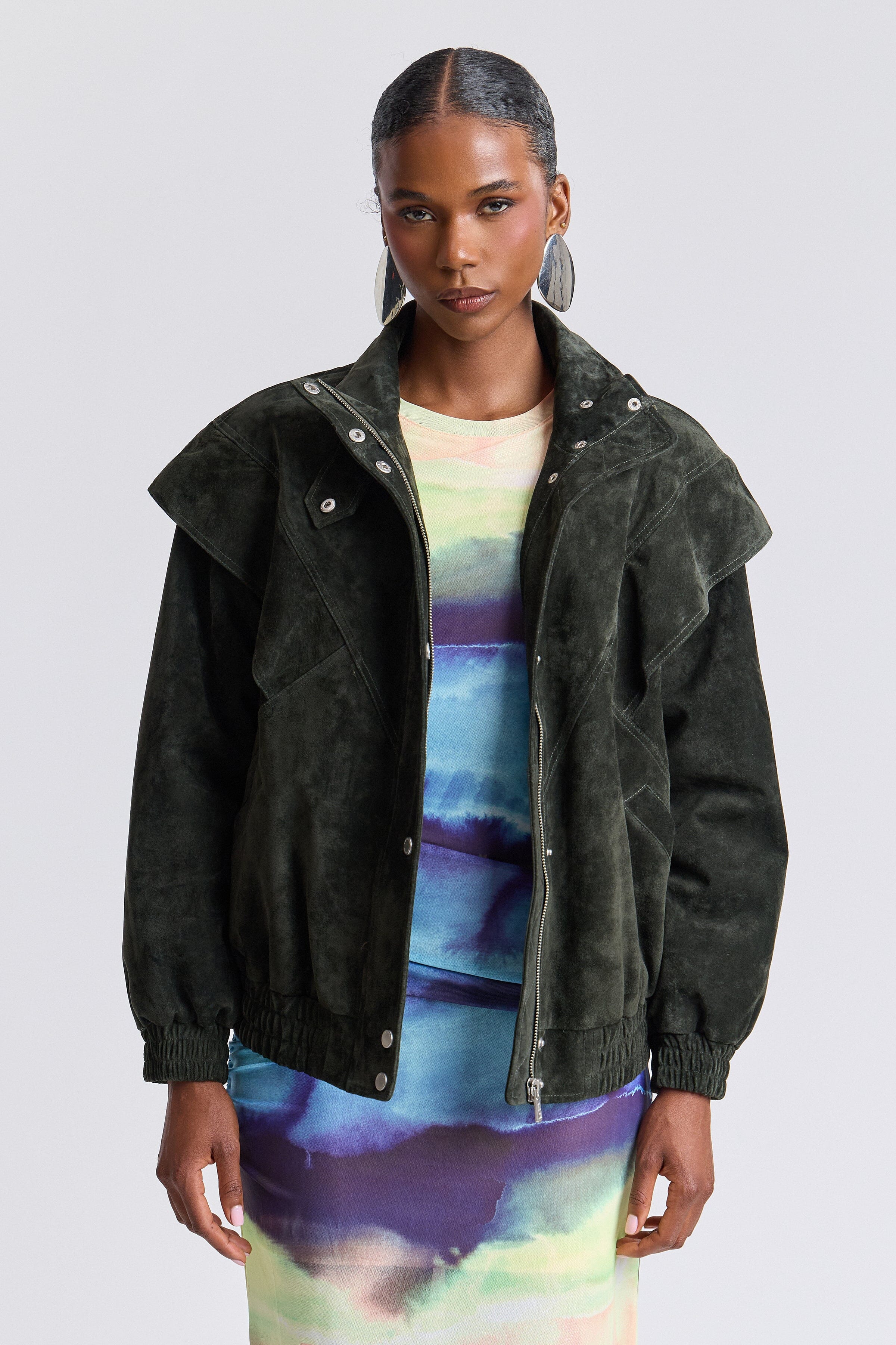 Genuine suede green bomber jacket with snap-front and long sleeves - Shop women's jackets by Avec Les Filles.