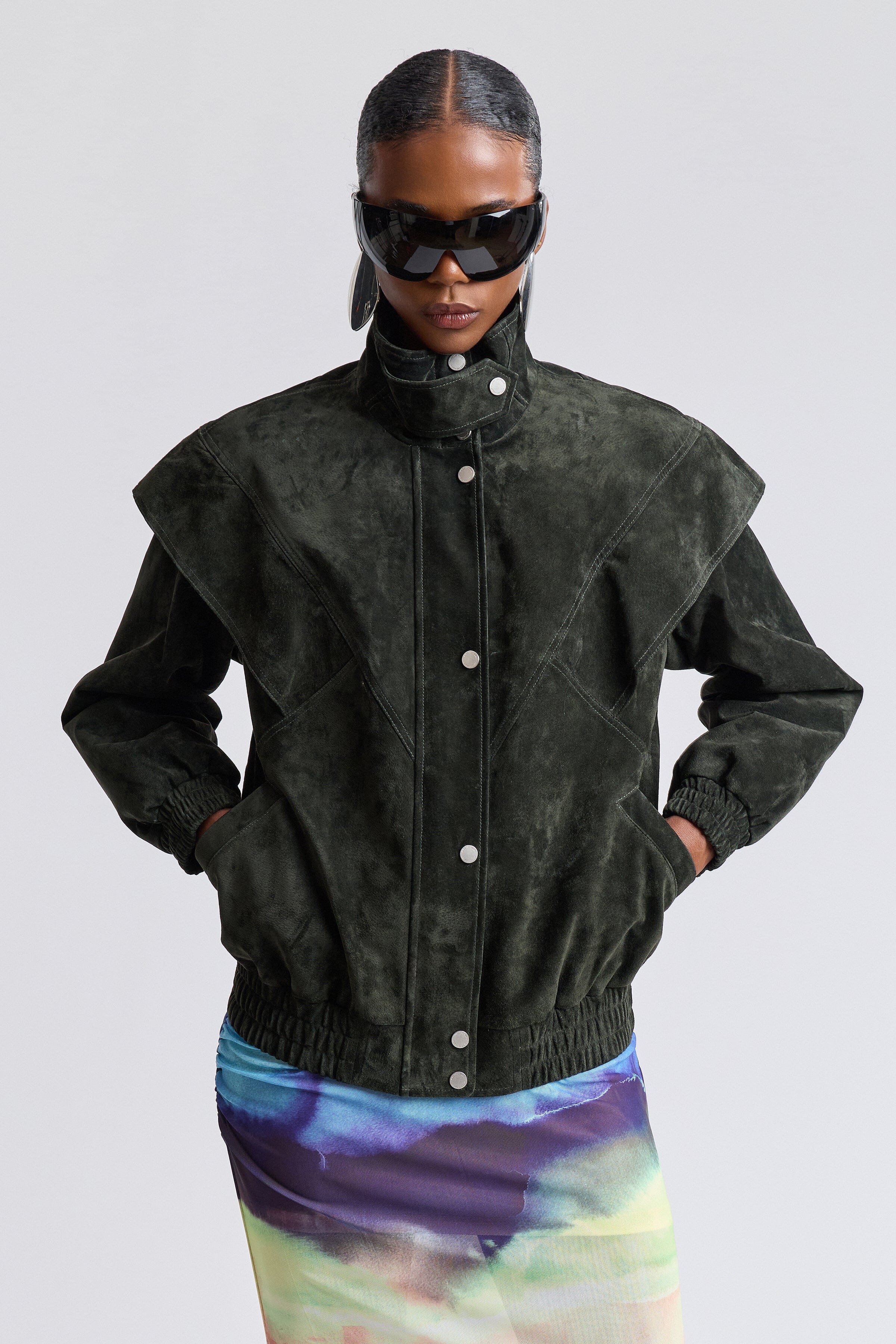 Women's bomber jacket green with snap-front and high stand collar - Shop designer jackets by Avec Les Filles.